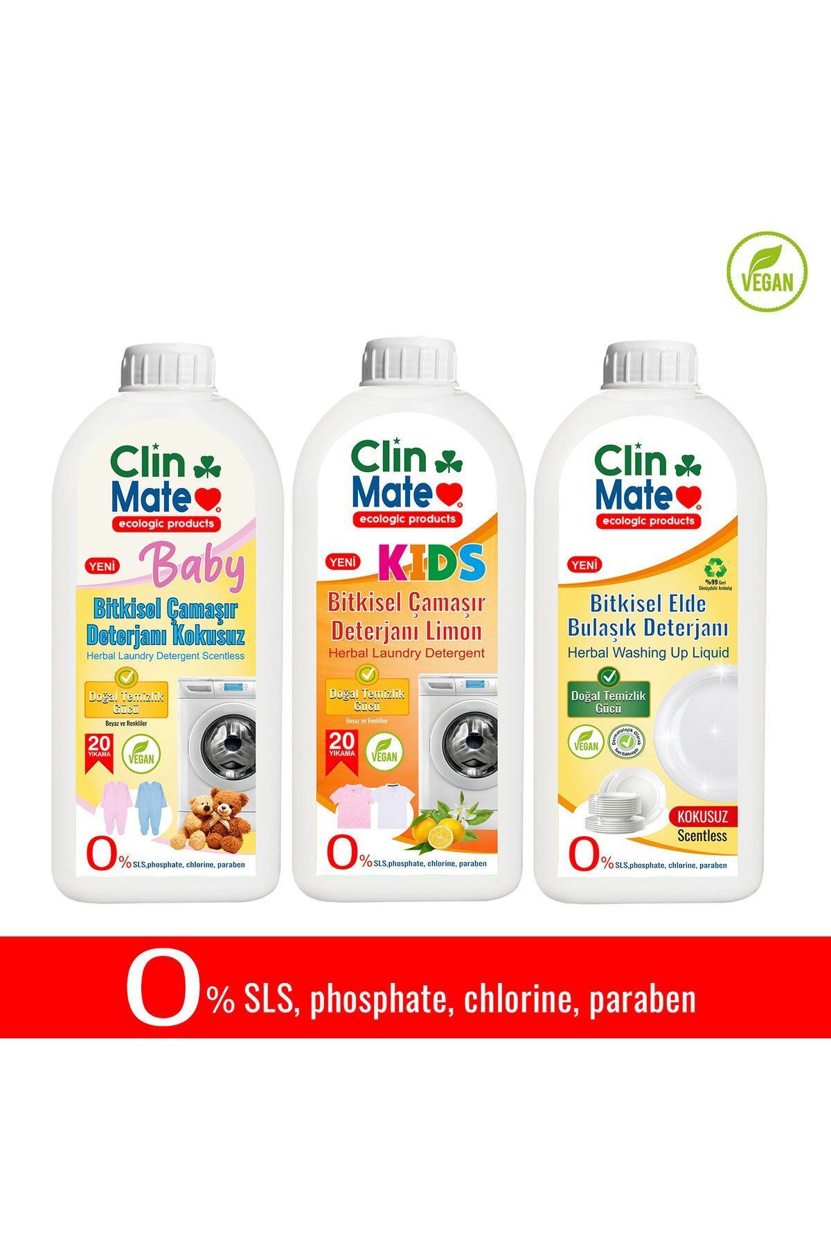Clinmate 3'lü Set BABY Bitkisel Bebek Çamaşır Deterjanı Kokusuz+ ÇOCUK Deterjanı + EldeBulaşık KOKUSUZ 750 ml