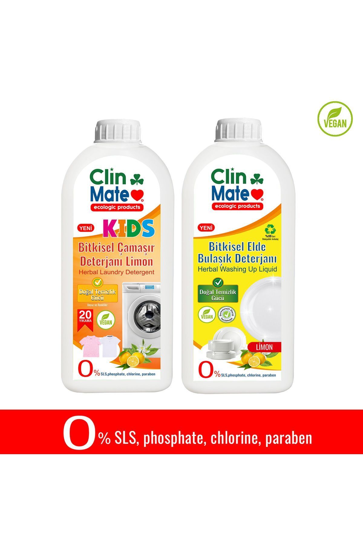 Clinmate 2'li Set Yeni Kids Bitkisel Çocuk Deterjanı Limon 750 ml 20 Yıkama + Elde Bulaşık LİMON 750 ML