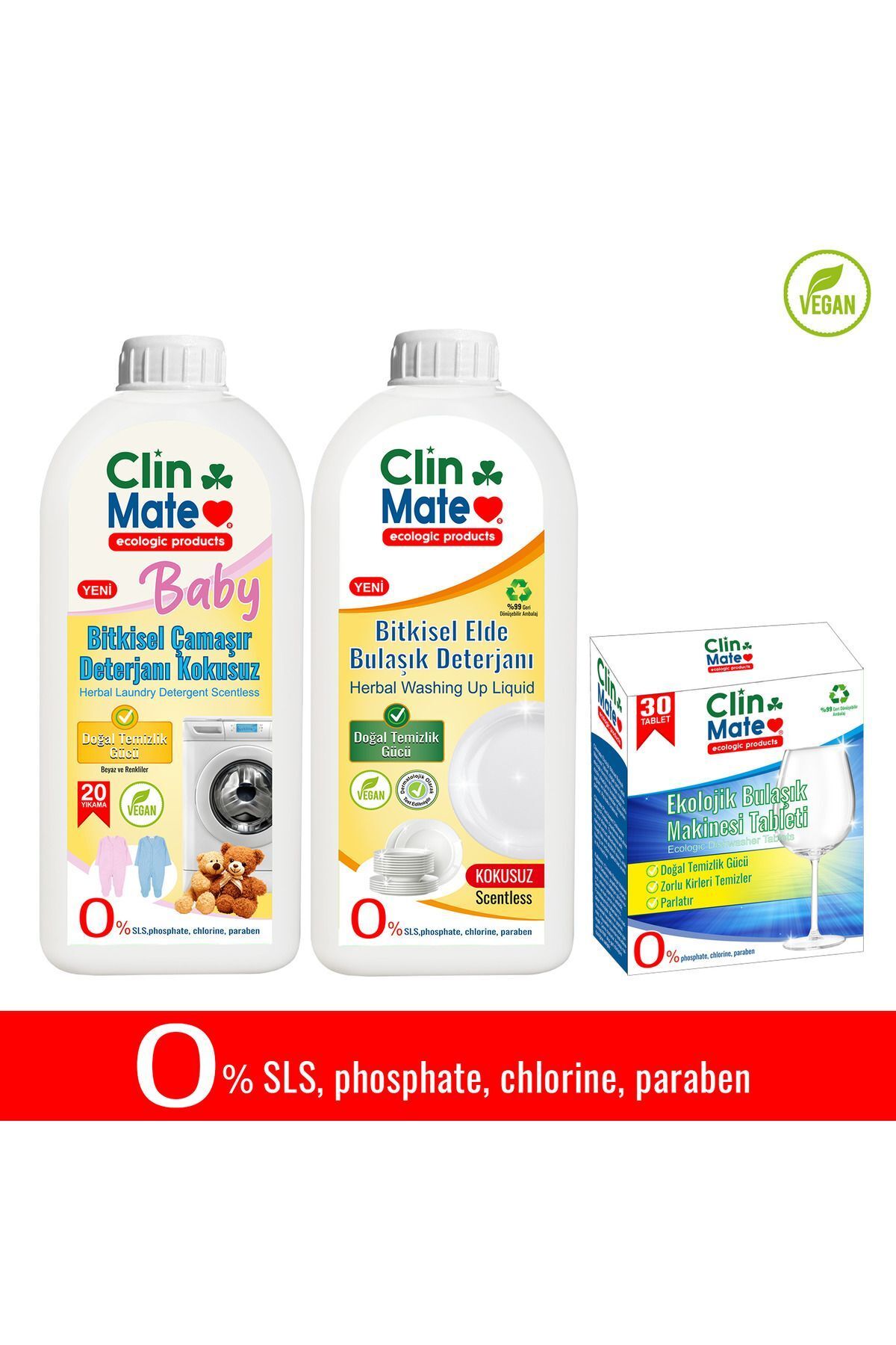 Clinmate 3'lü Set BABY Bitkisel BEBEK Çamaşır Deterjanı KOKUSUZ+ Ekolojik Bulaşık Tableti +Elde Bulaşık LİMON