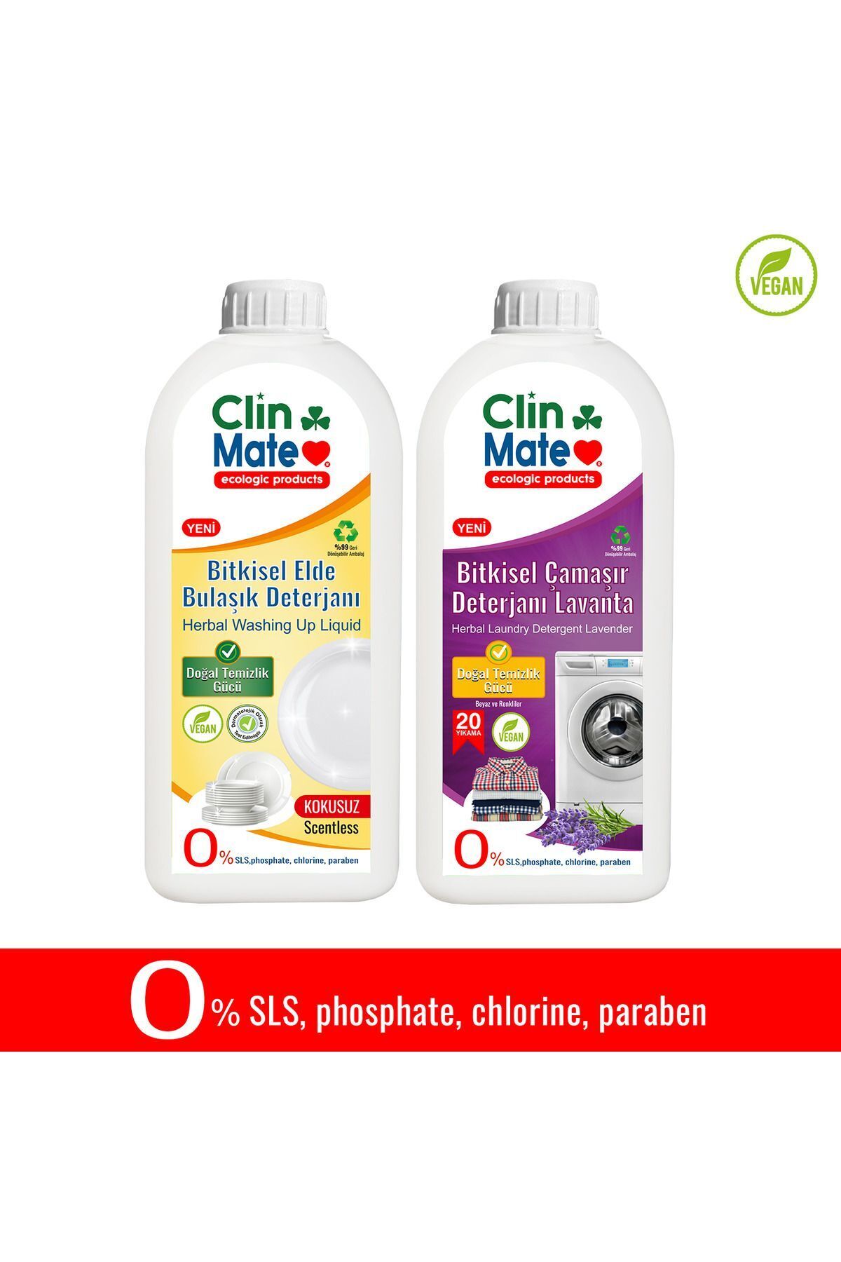 Clinmate 2'li Set Bitkisel Bebek Elde Bulaşık Deterjanı KOKUSUZ 750 ml + Çamaşır Deterjanı LAVANTA 750 ml