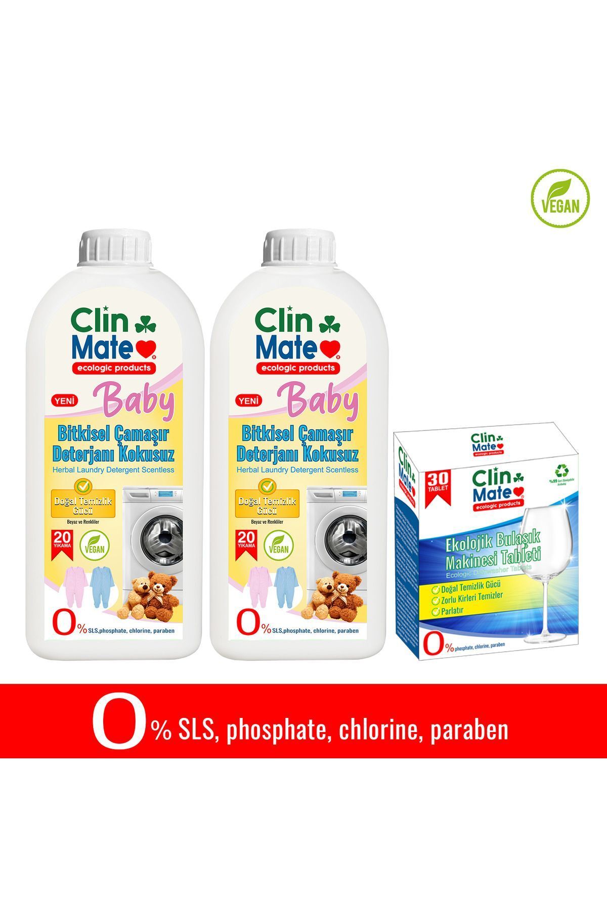 Clinmate 3'lü Set BABY Bitkisel BEBEK Çamaşır Deterjanı KOKUSUZ 750 ml 2 adet+ Ekolojik Bulaşık Tableti