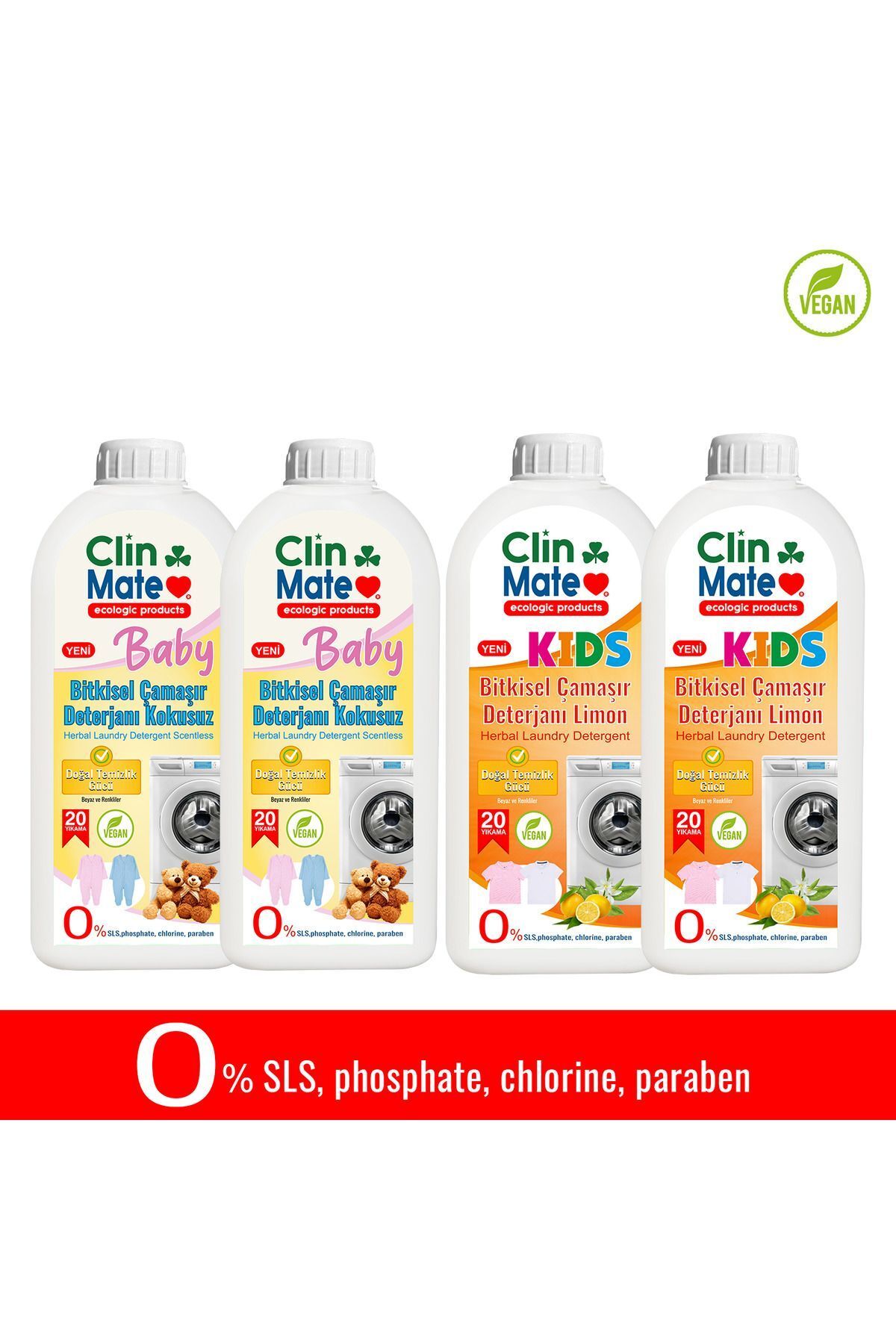 Clinmate 4'lüSet BABY Bitkisel BEBEK Çamaşır Deterjanı KOKUSUZ 750 ml 2adet+ ÇOCUK Deterjanı 2 adet