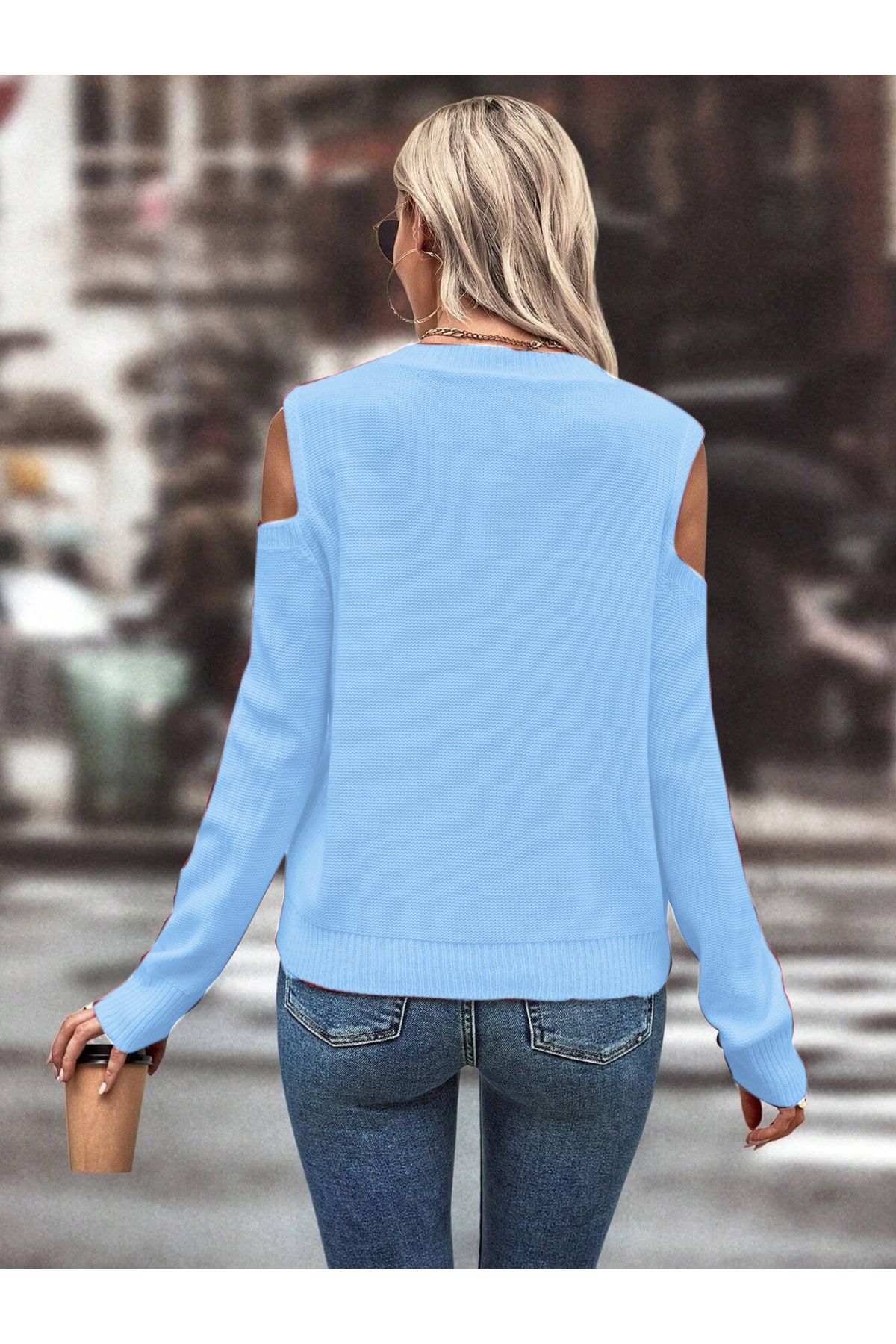 citystyle  Kadın Bisiklet Yaka File Detaylı Saç Örgü Yürütme Desenli Omuz Detaylı Bebe Mavi Triko Kazak - Görsel 3