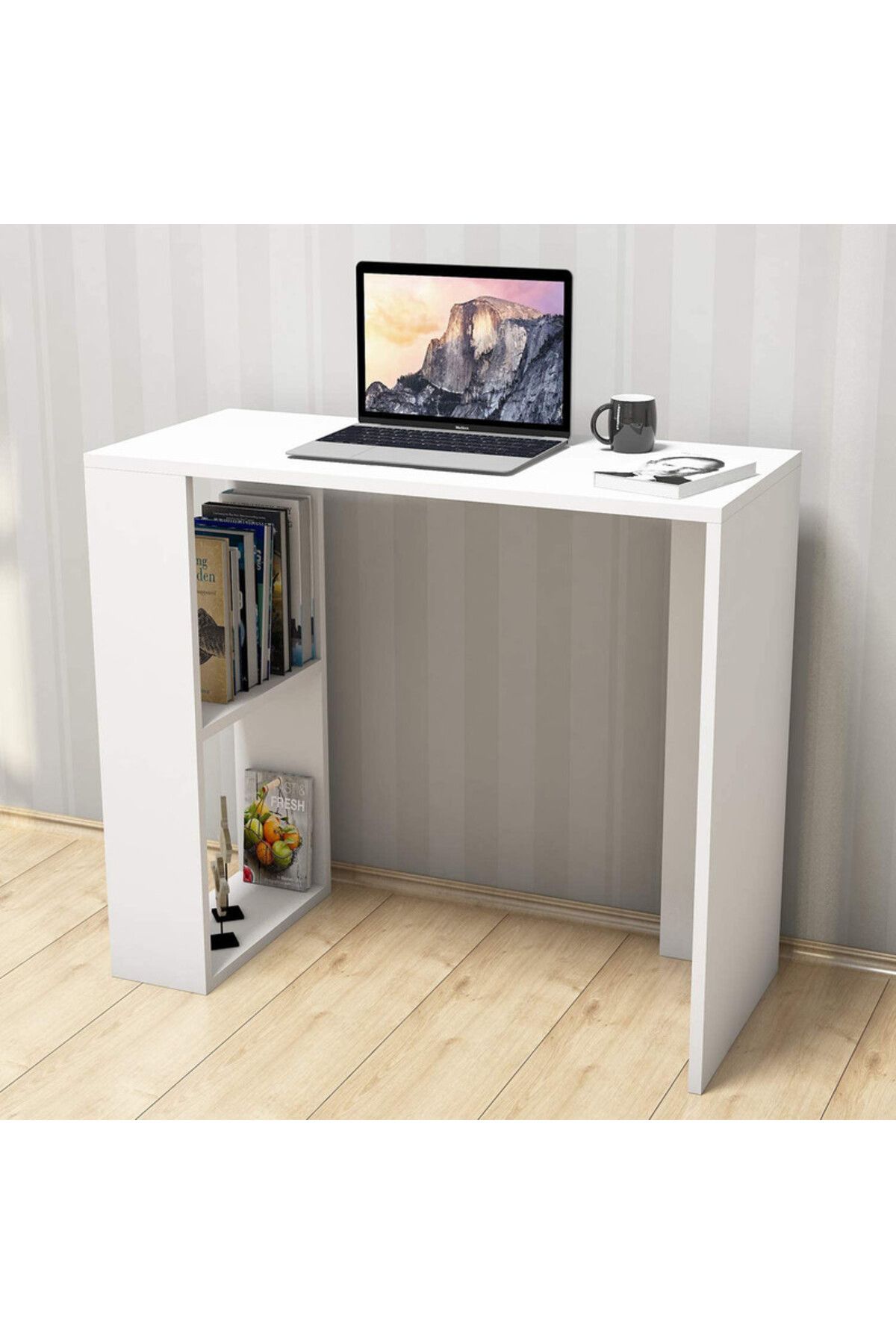 Modern home-Compact Study and Work Desk with Storage Shelves - Sleek and Functional Design White 2