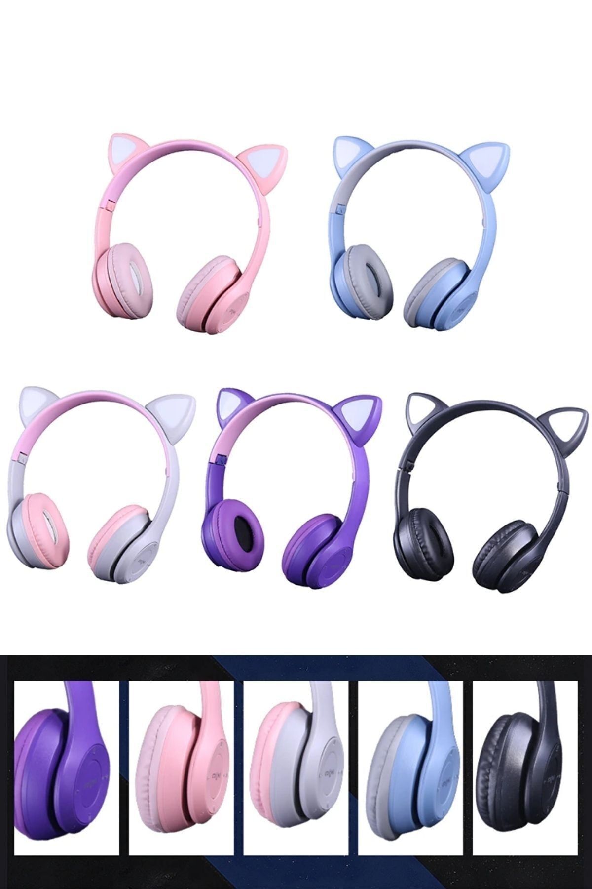 Kız Çocuklar Için Kedi Kulaklı Işıklı Mikrofonlu Kablosuz Bluetooth Kedili Çocuk Kulaklık
