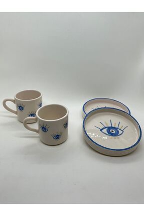 seceseramik Nazar Göz Desenli Gold Işlemeli El Yapımı Seramik 2'li Türk Kahve...