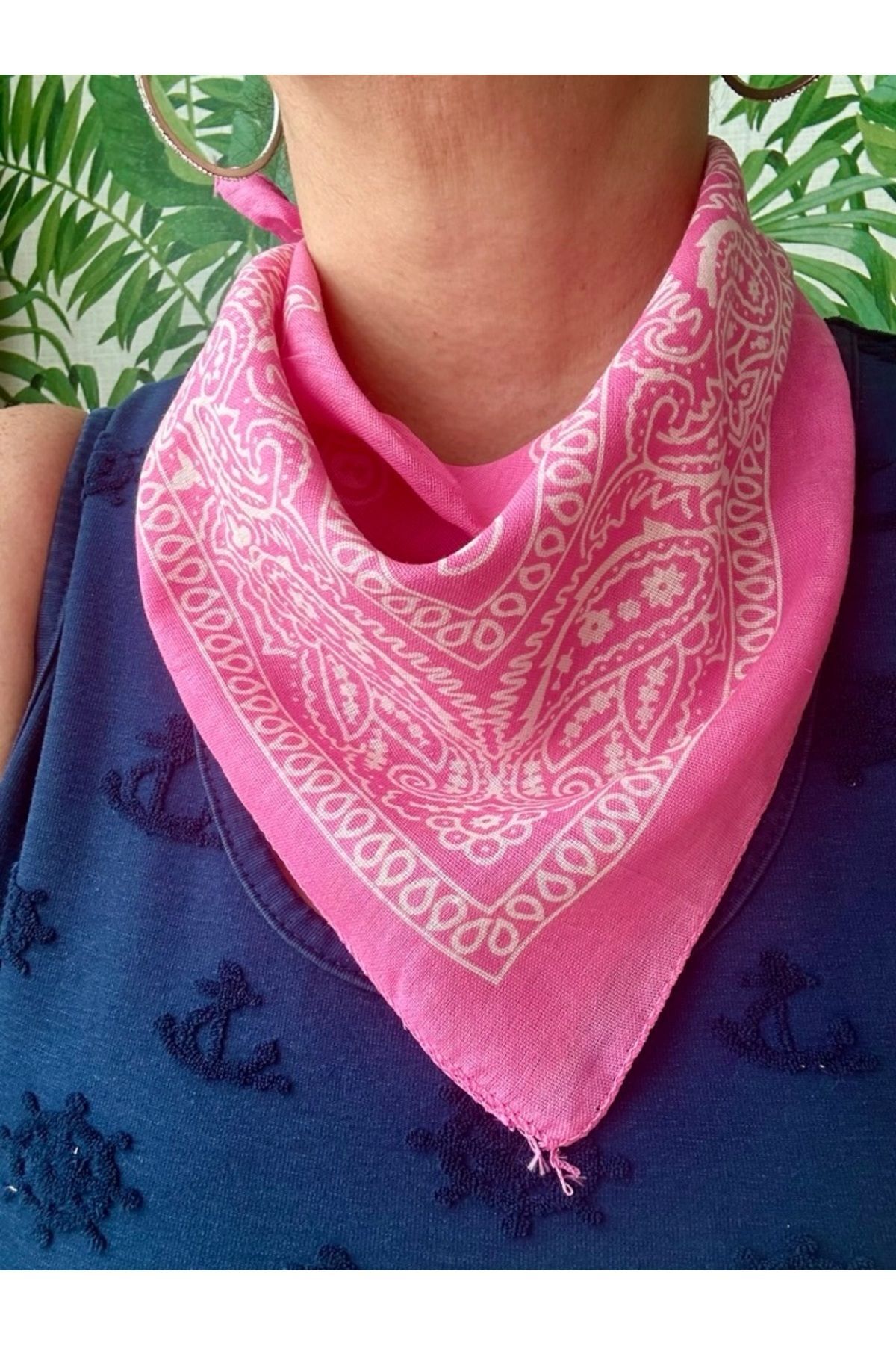 Kadın Pembe Renk Etnik Desenli %100 Koton Bandana, Saç Bandı 2