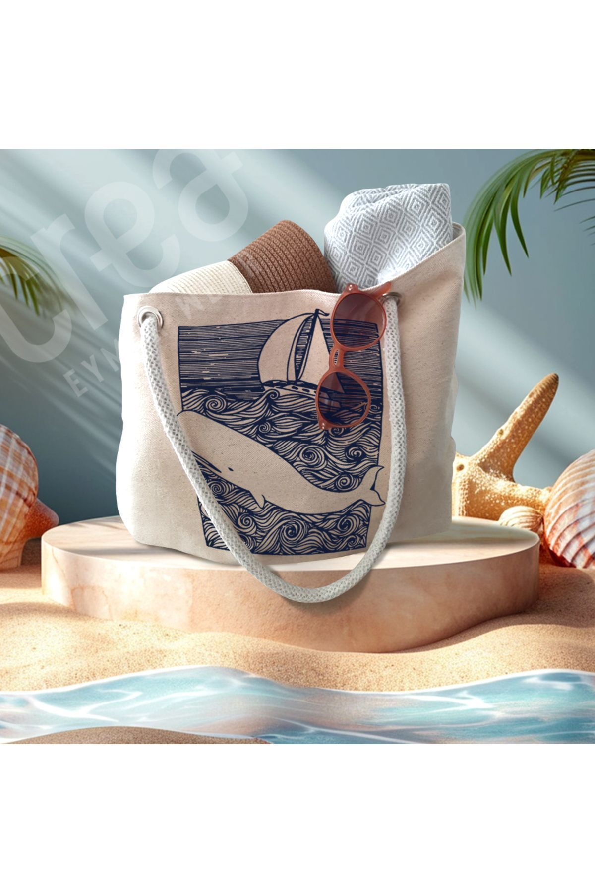 Crea Eymer Wear Geanta De Plaja Din Bumbac - Model Balena De Mare Femeie - One Size