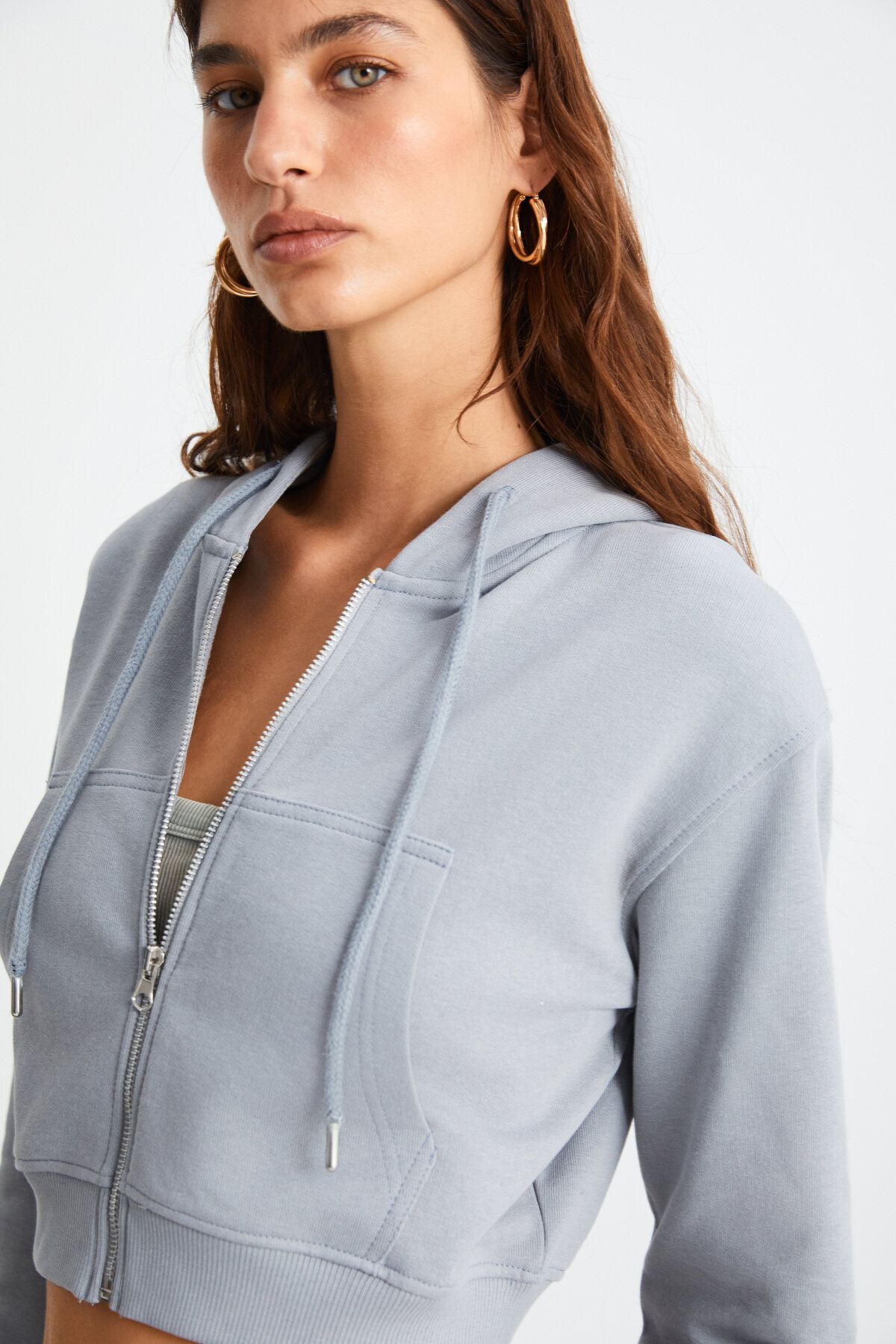 GRIMELANGE  ESTER Kadın 3 İplik Fermuarlı Grimelanj Crop Sweatshirt - Görsel 6