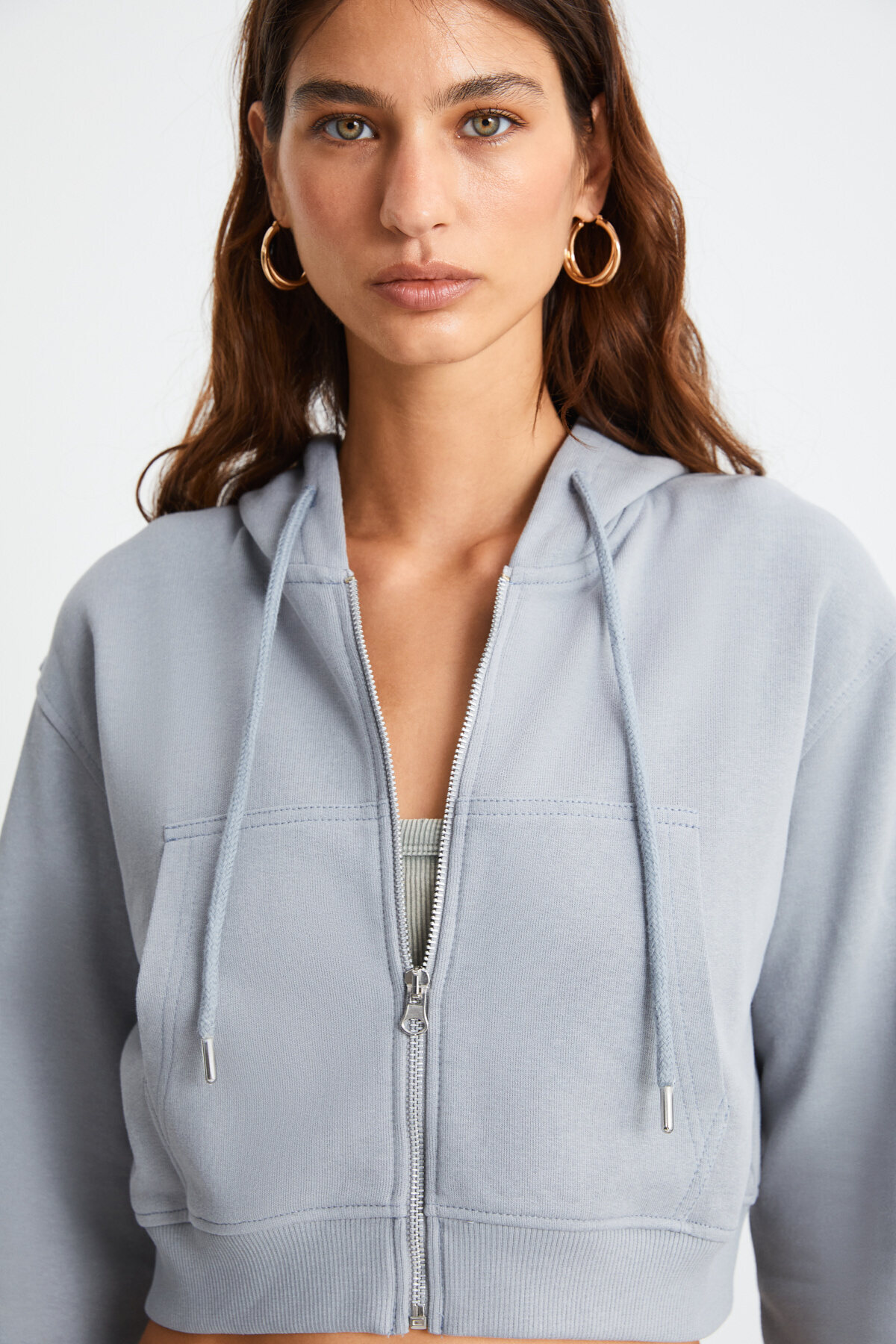 GRIMELANGE  ESTER Kadın 3 İplik Fermuarlı Grimelanj Crop Sweatshirt - Görsel 5