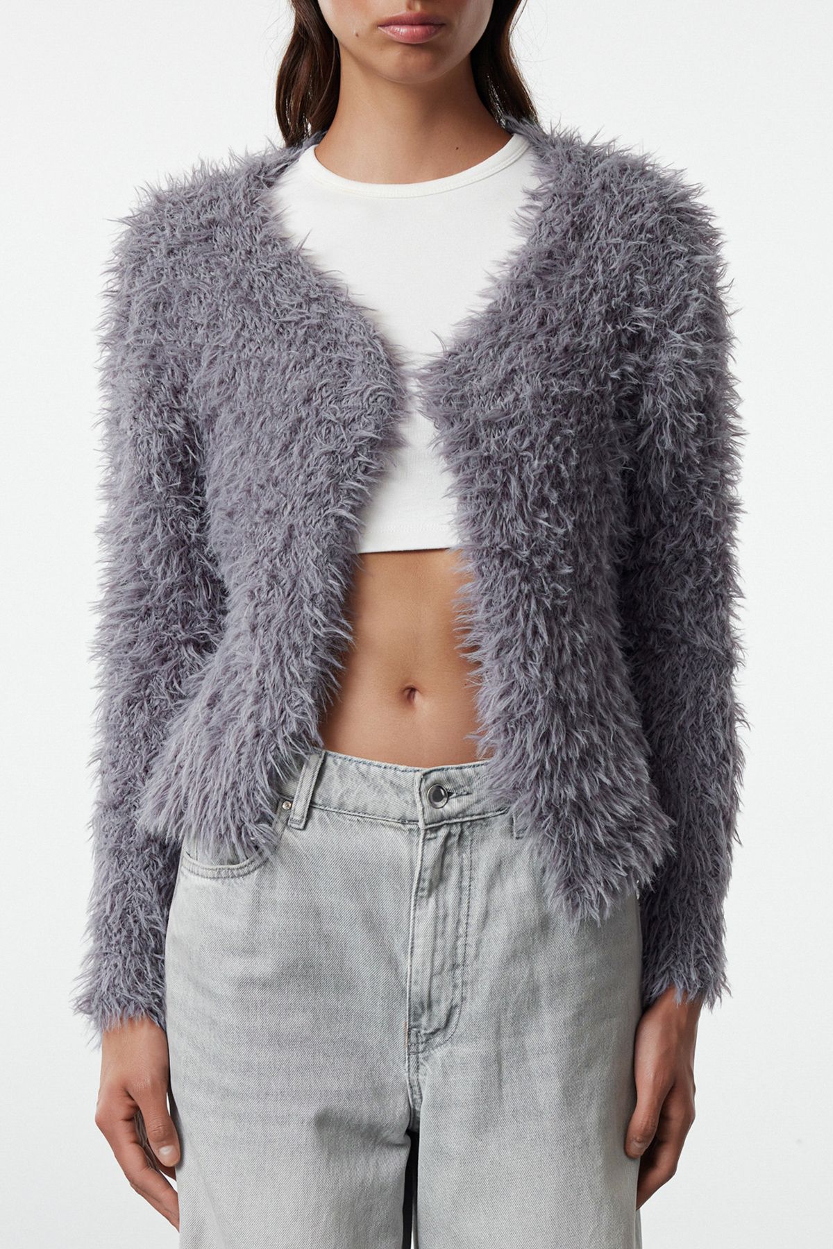 Trendyol Collection-Soft Textured Anthracite Knitwear Cardigan - Furry Coat Look Twoaw25Hi00326 4