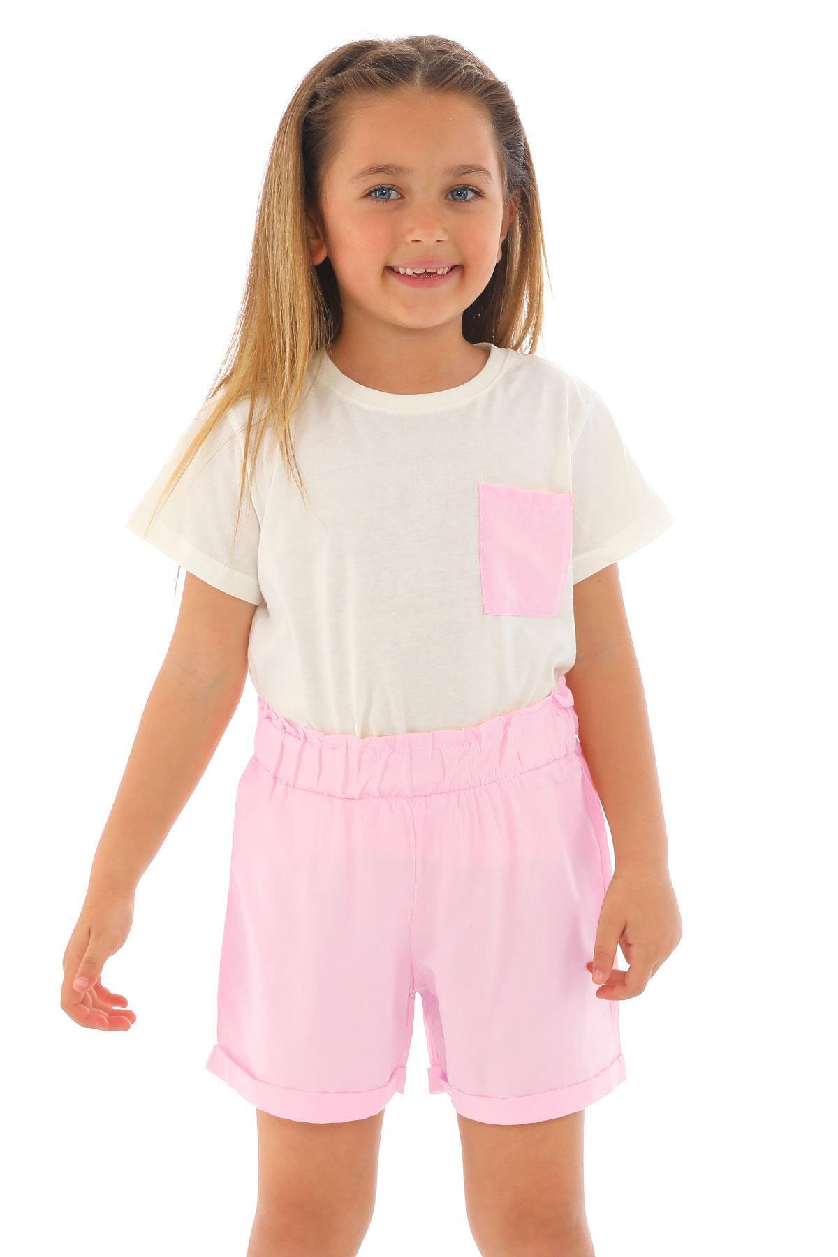 Crew Neck Short Sleeve Front Pocket Detailed Ecru Pink Color Girls Shorts Set