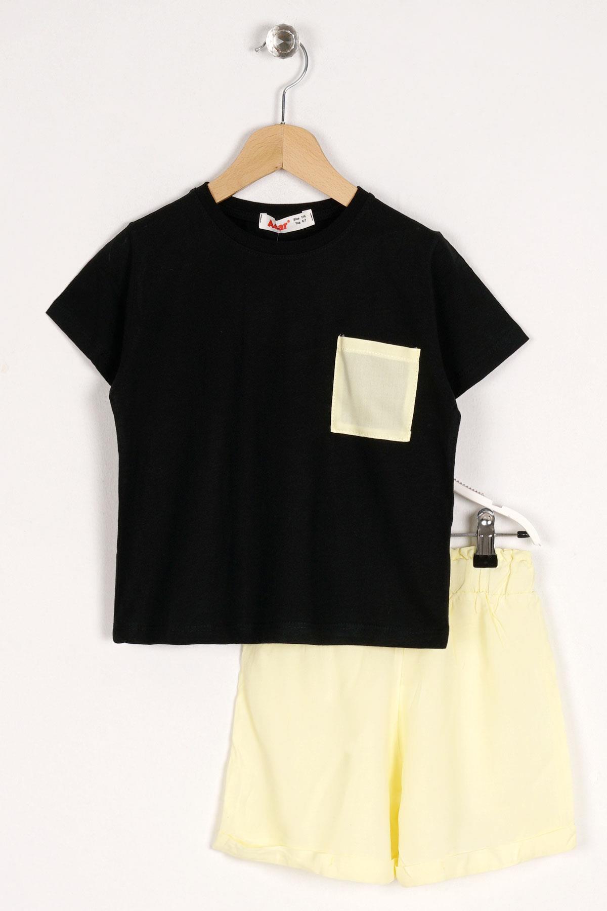 Crew Neck Short Sleeve Front Pocket Detailed Black Yellow Color Girls Shorts Set