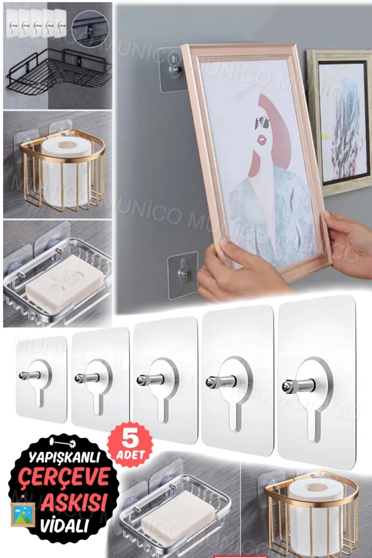 Munico 5 Adet Delmeden Resim Askısı Poster Çerçeveleriniz İçin Duvara Zarar Vermeyen Yapışkan Kanca Seti
