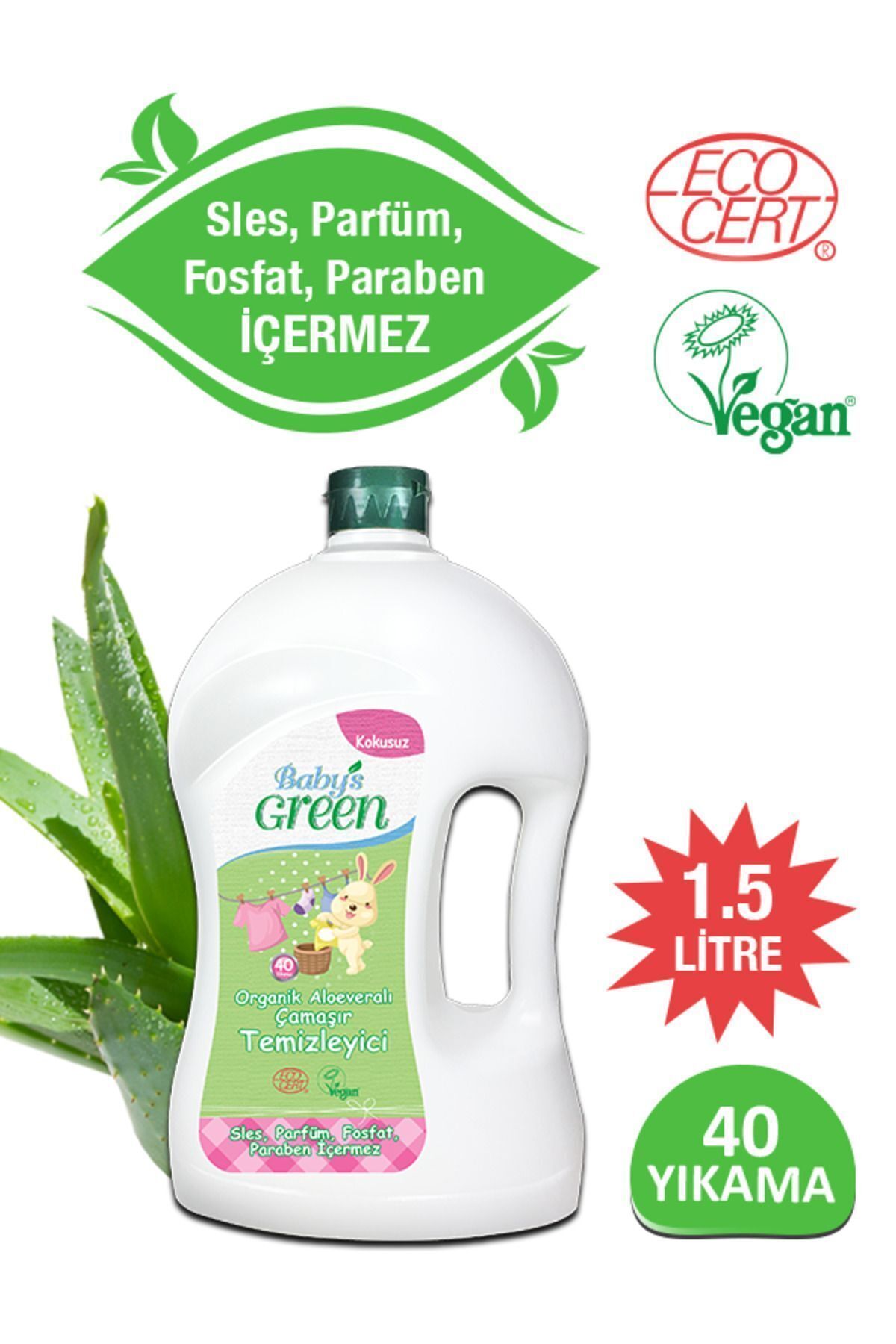 1500 ml Organik Aloe Veralı Bebek Çamaşır Temizleyici -kokusuz- (40 YIKAMA)