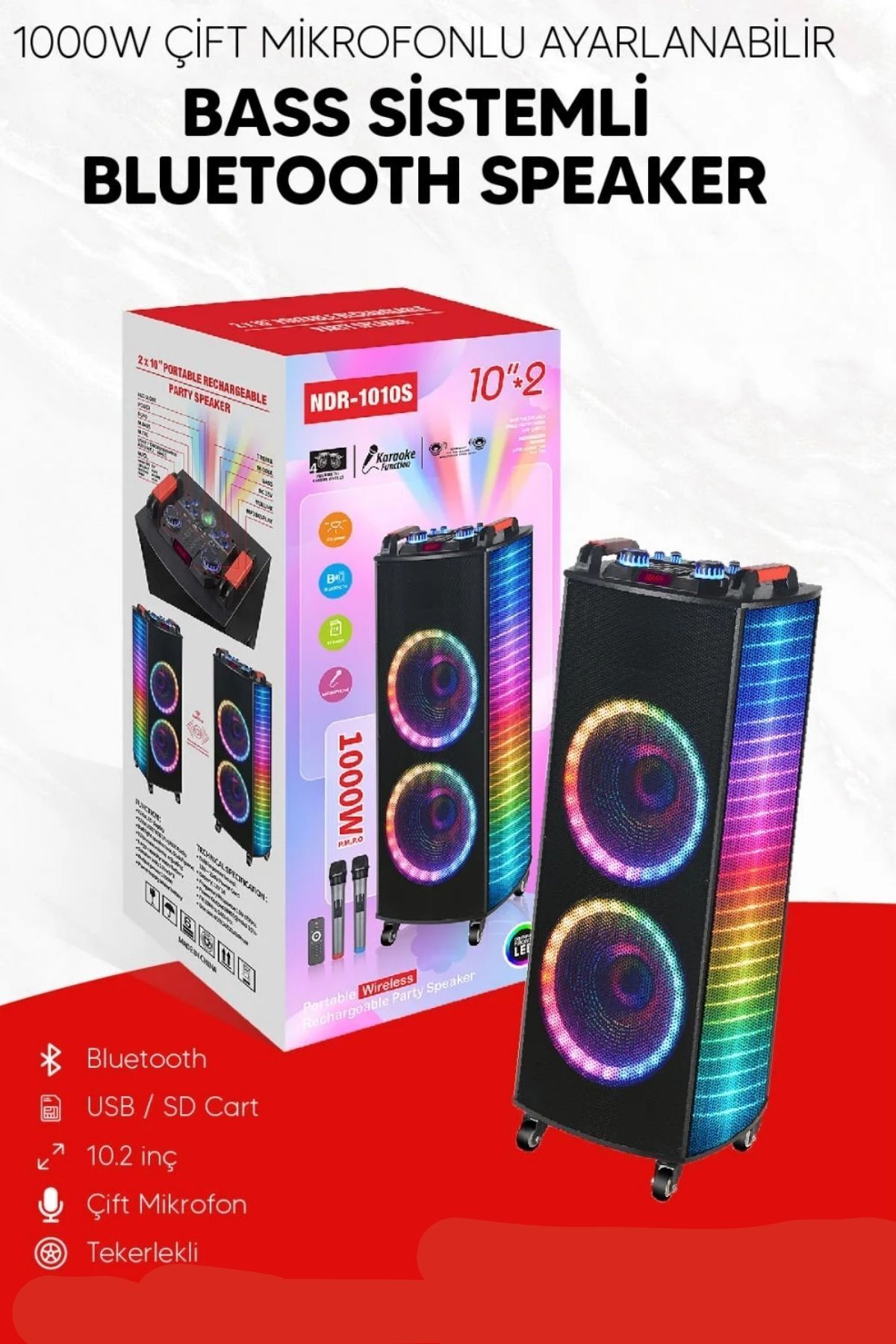 Bluetooth Hoparlör Parti Hoparlörü Karaoke Mikrofon Hediyeli Işıklı Ses Bombası  Usb Sd Girişli