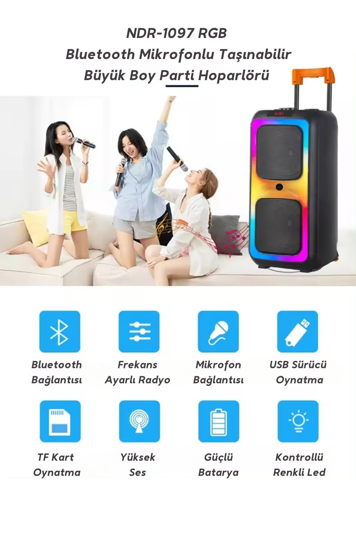 Bluetooth Hoparlör Parti Hoparlörü Karaoke Mikrofon Hediyeli Işıklı Ses BombasıUsbSd Girişli NDR1097