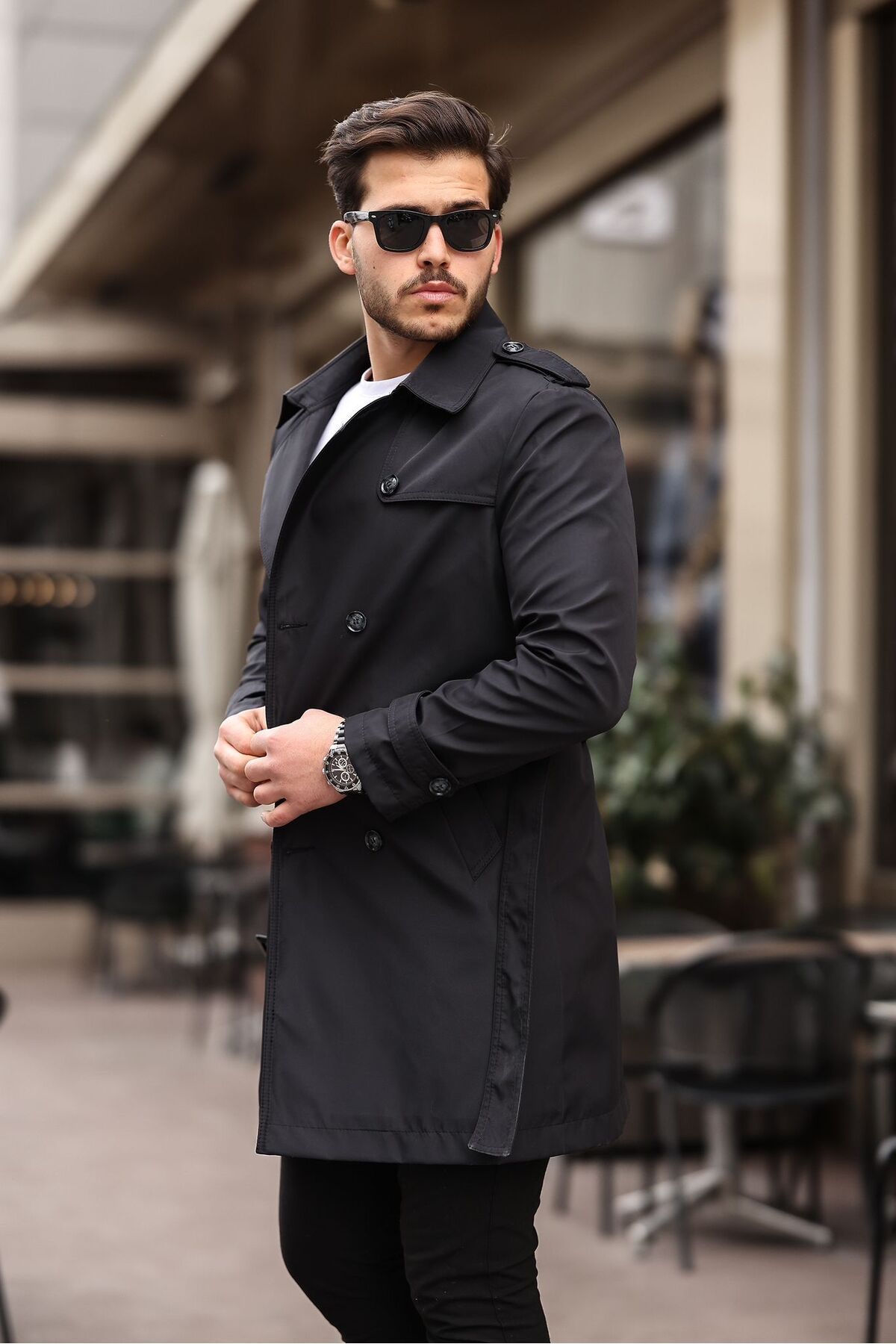 MEECY-Schwarzer Trenchcoat für Herren – mit Gürtel, wasser- und winddicht, Übermantel 3
