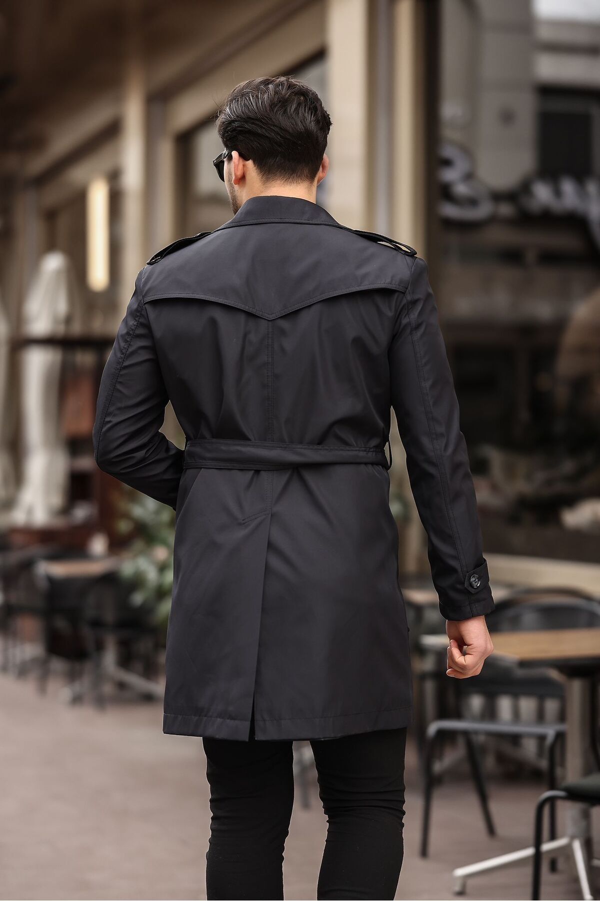 MEECY-Schwarzer Trenchcoat für Herren – mit Gürtel, wasser- und winddicht, Übermantel 4