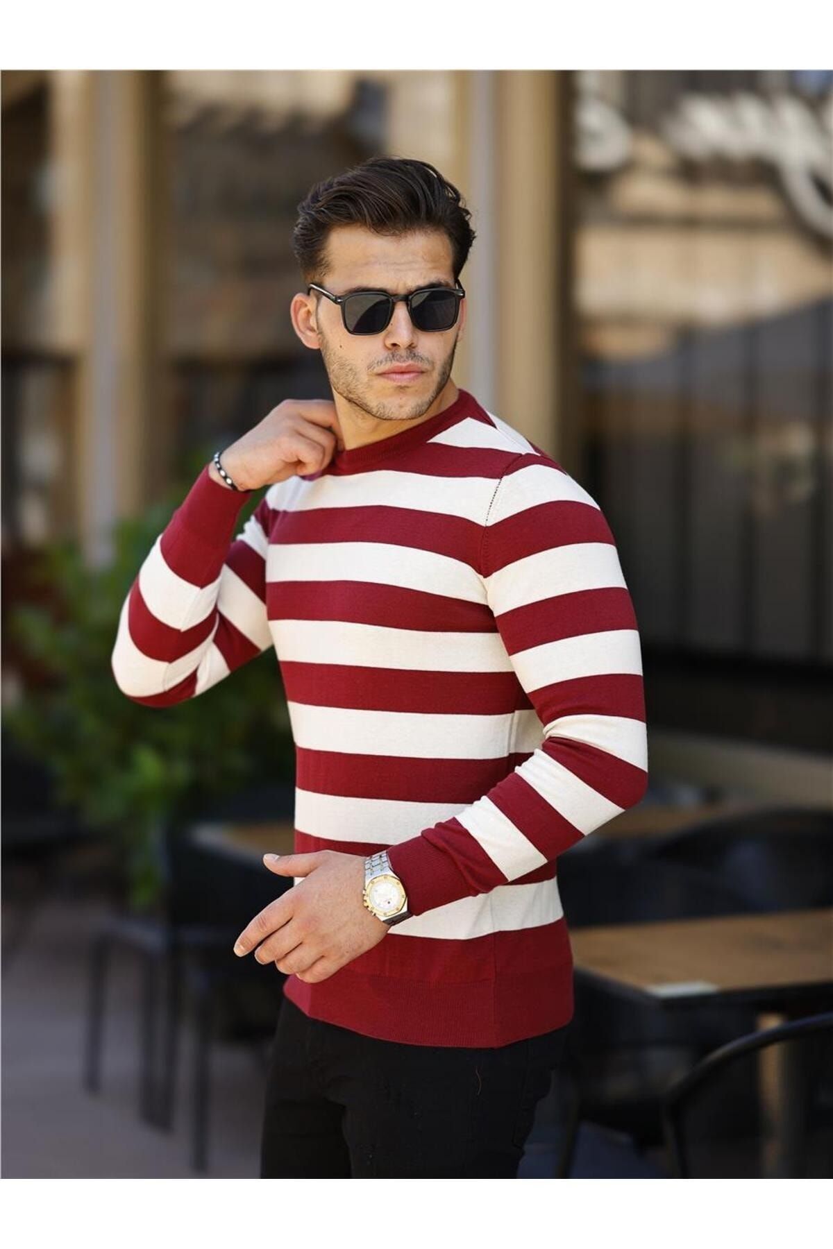 Tarz Cool Claret Red White Men s Slim Fit Crew Neck Striped Knitwear Sweater TRZ19140R04S Trendyol
