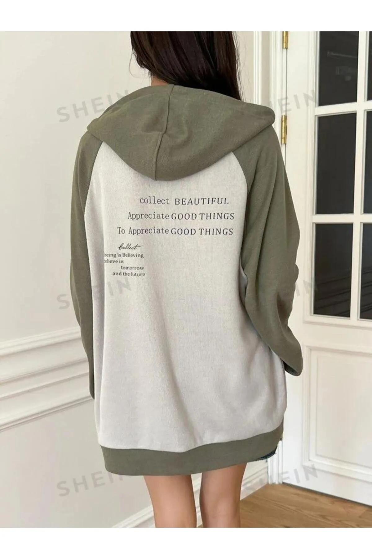 Unisex Büyük Beden Beautiful Sırt Ve Ön Baskılı Reglan Kol Kapüşonlu Oversize Kışlık Hırka Hoodie — خاکی NPL-BEAUTİFUL-BASKILI-HIRKA-BB — تصویر 2 از 2