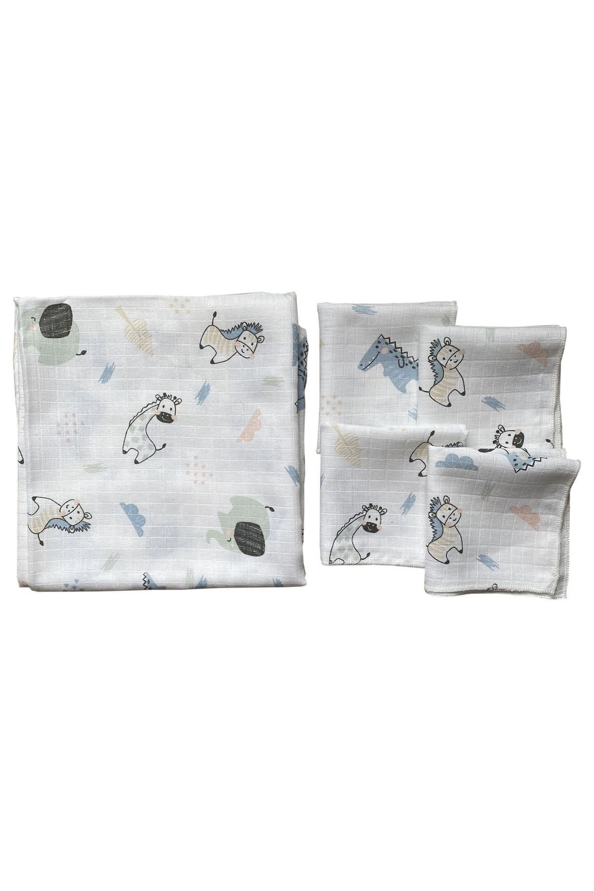 Multi-Purpose Muslin Baby Blanket 100x80cm And 4 Handkerchiefs With Happy Animals Figure