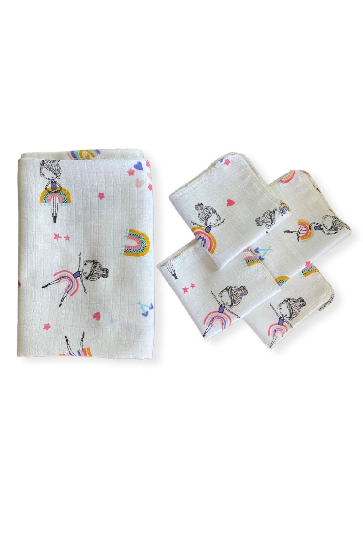 Multi-Purpose Muslin Cover 100x80cm And 4 Handkerchiefs 100% Cotton Oeko-tex Certified Ballerina Figure