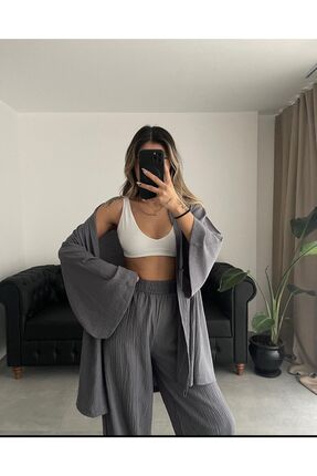 Genel Markalar Gofre Kumaş Kadın Kimono Takım - Gri