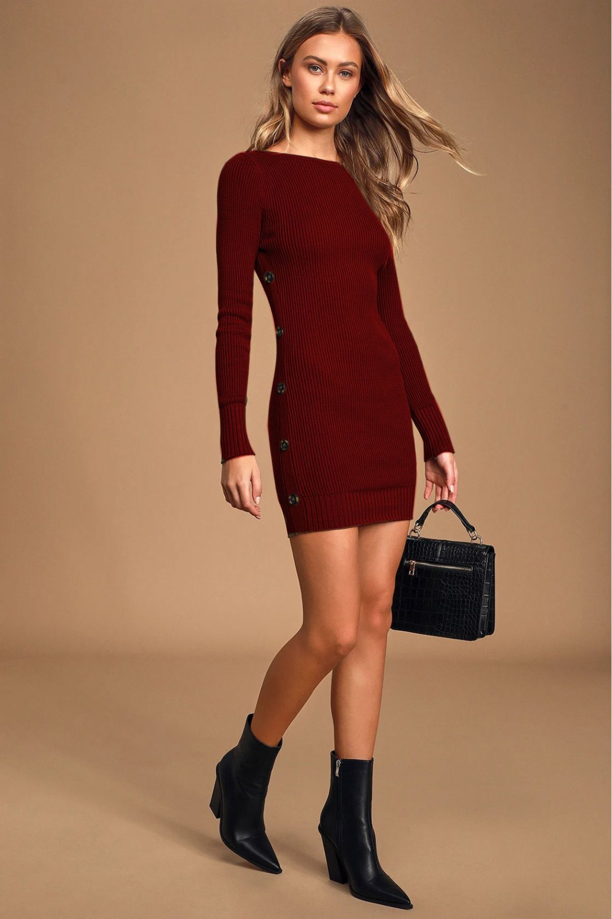 Kadın Geniş Yaka Uzun Kol Yandan Düğme Detaylı Bordo Triko Elbise
