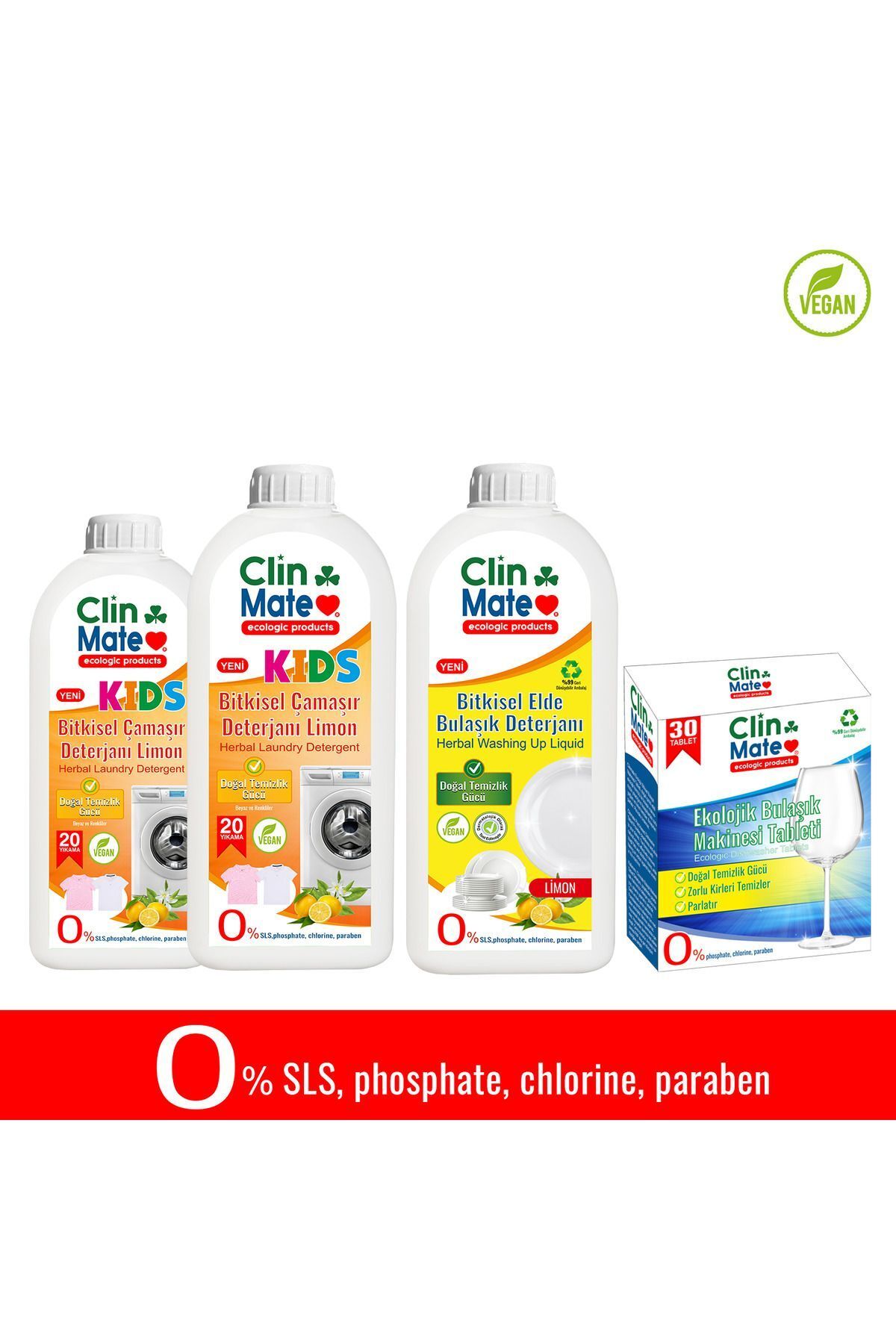Clinmate 4'lüSet Kids Bitkisel Çocuk Deterjanı Limon 750 ml 2adet +Elde Bulaşık LİMON 750 ML +Bulaşık Tableti