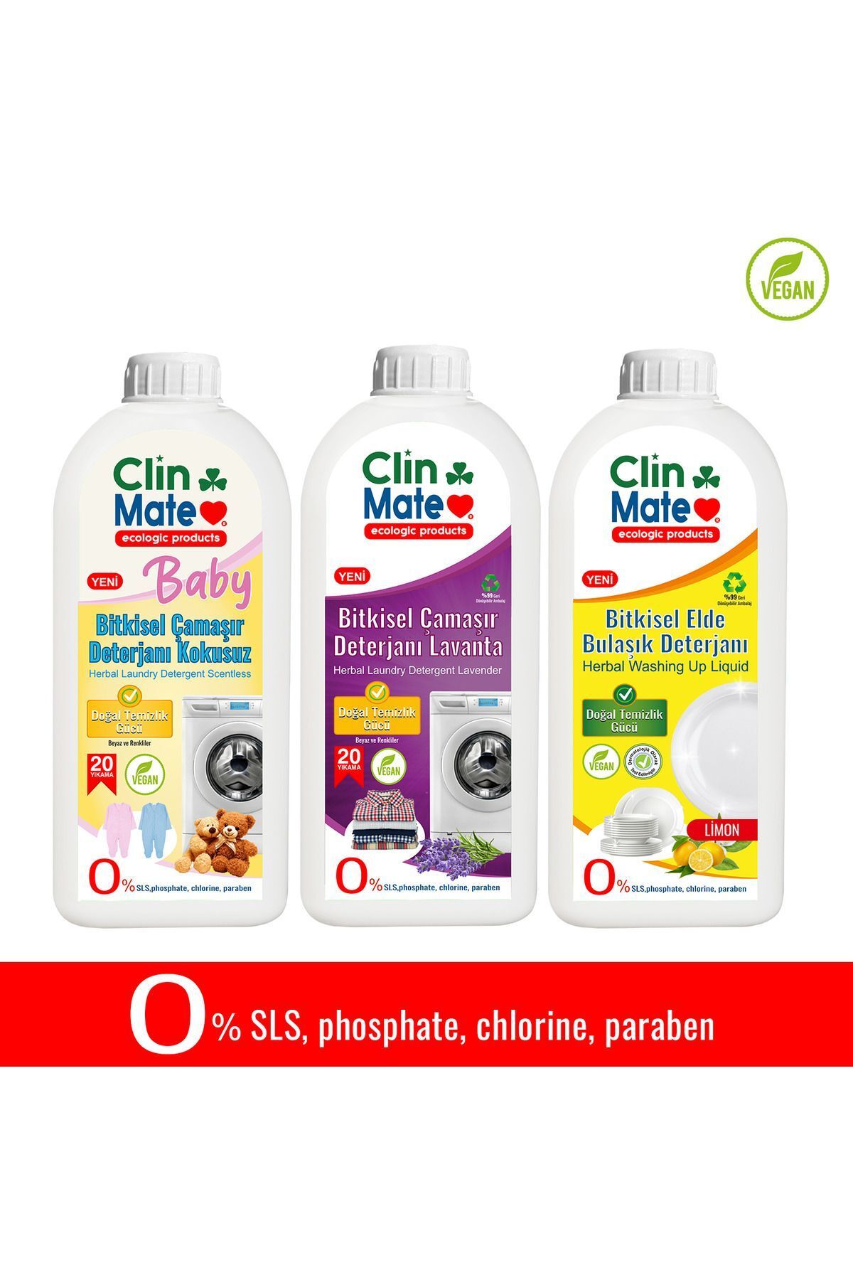 Clinmate 3'lü Set Baby Bitkisel Bebek Çamaşır Kokusuz+ Lavanta Deterjan + Elde Bulaşık Limon 750 ml