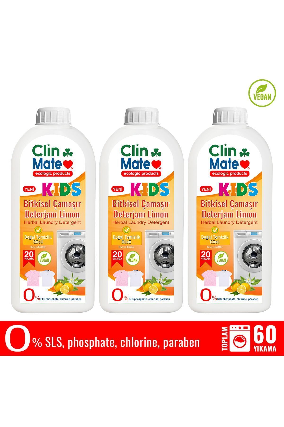 Clinmate 3 lü set Yeni Clinmate Ekolojik Kids Bitkisel Çocuk Deterjanı Limon 750 ml 20 Yıkama