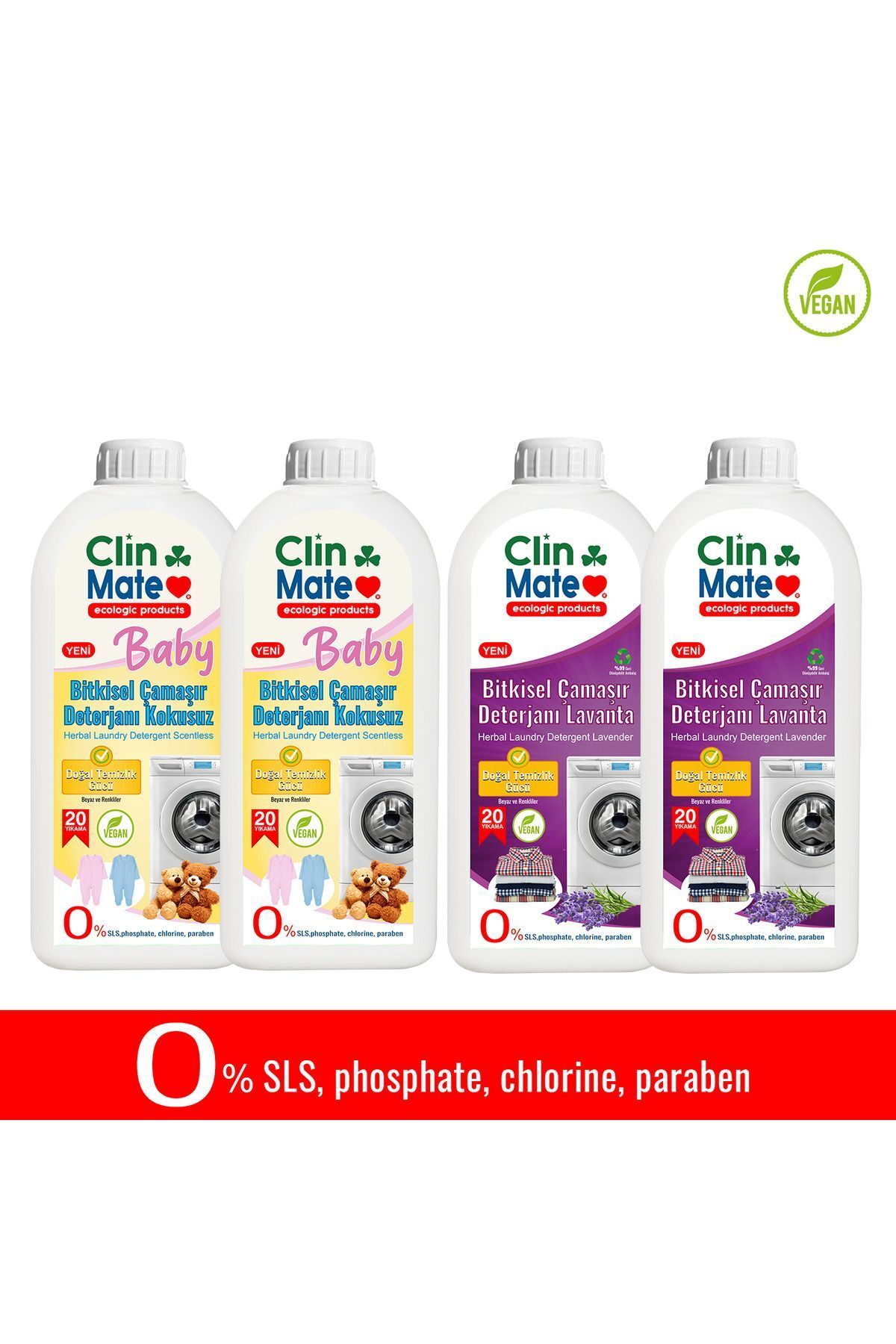Clinmate 4'lüSet BABY Bitkisel BEBEK Çamaşır Deterjanı KOKUSUZ 750ml 2adet+ Çamaşır Deterjanı LAVANTA 2 adet
