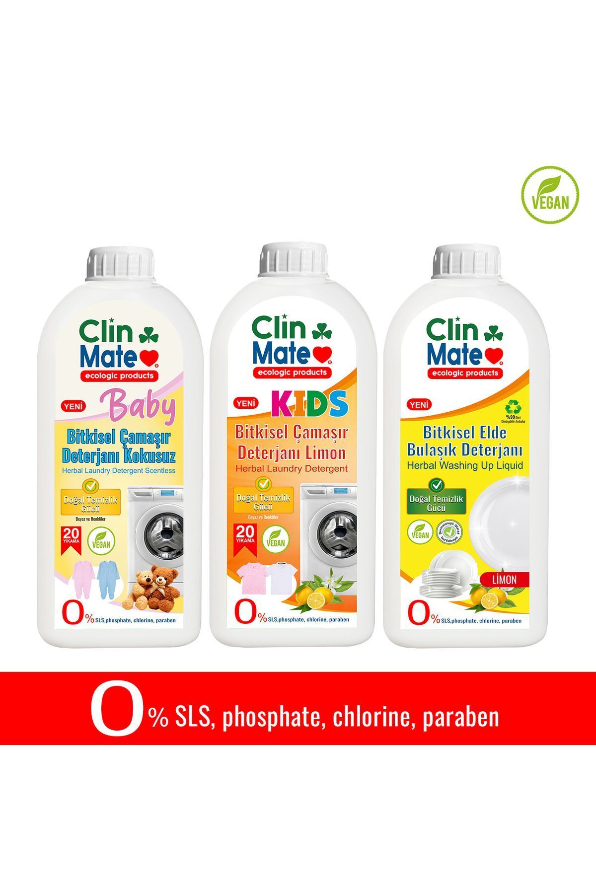Clinmate 3'lü Set BABY Bitkisel Bebek Çamaşır Deterjanı Kokusuz+ ÇOCUK Deterjanı + Elde Bulaşık LİMON 750 ml