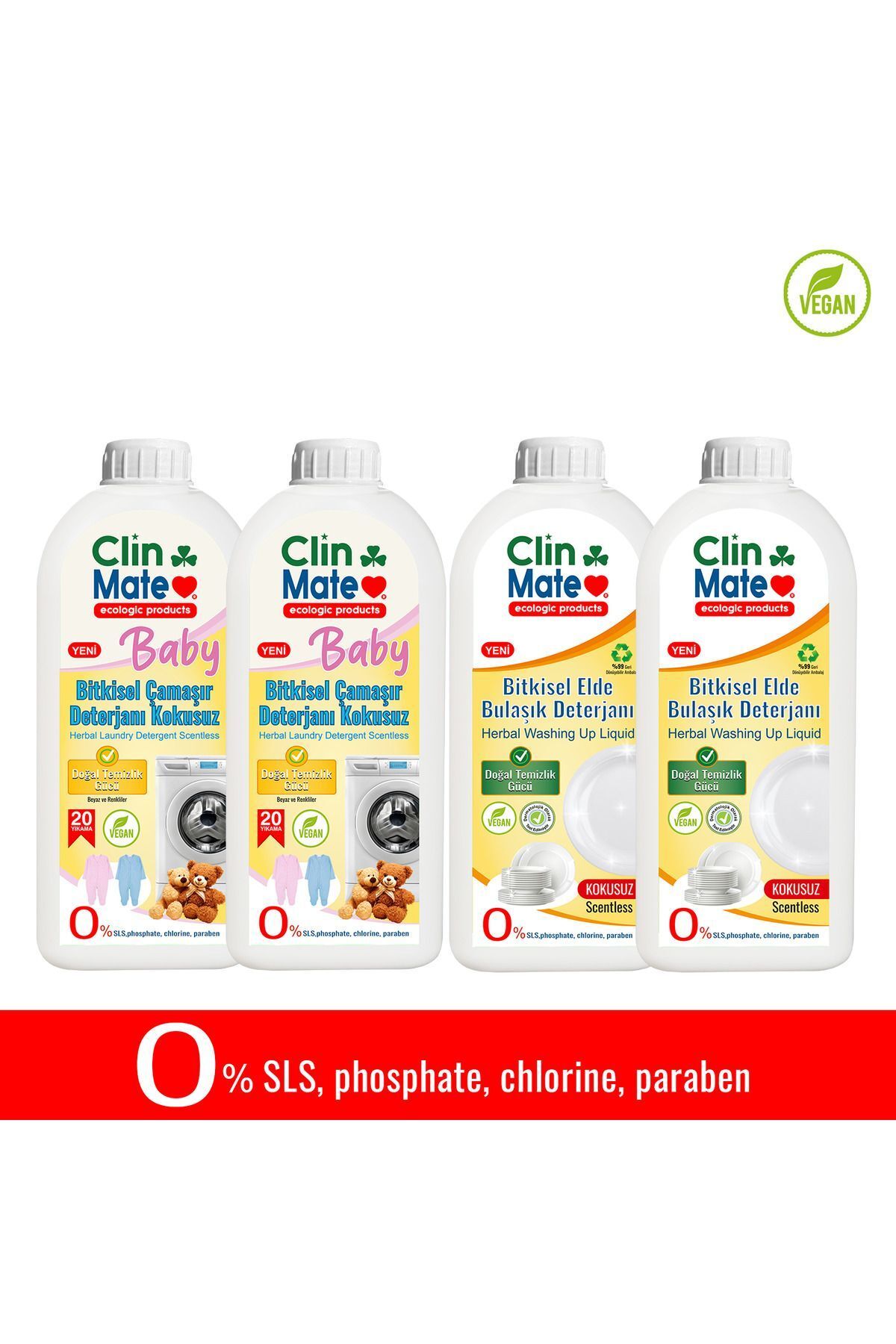 Clinmate 4'lüSet BABY Bitkisel BEBEK Çamaşır Deterjanı KOKUSUZ 750 ml 2adet+ Elde Bulaşık KOKUSUZ 2 adet