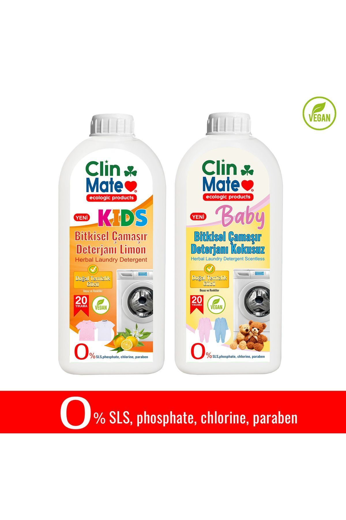 Clinmate 2'li Set Yeni Kids Bitkisel Çocuk Deterjanı Limon 750 ml 20 YK + BEBEK Deterjanı 750 20 Yk