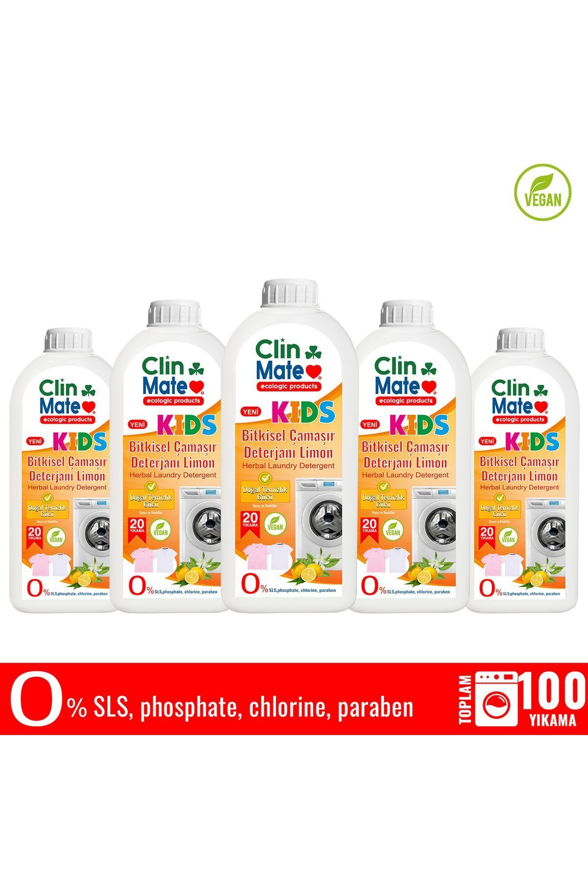 Clinmate 5'li Set Yeni Clinmate Ekolojik Kids Bitkisel Çocuk Deterjanı Limon 750 ml 100 Yk