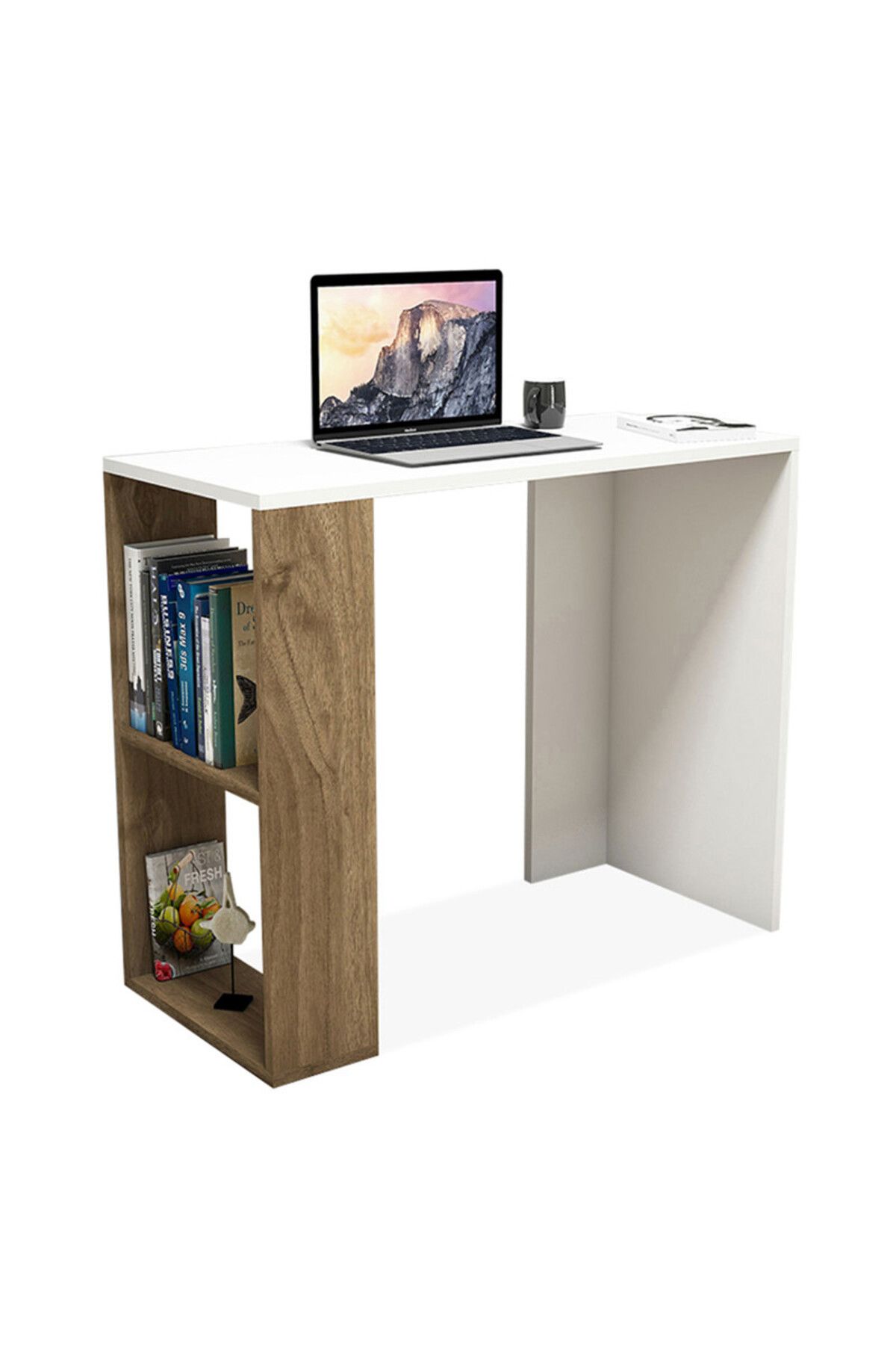 Modern home-Compact Study and Work Desk with Storage Shelves - Sleek and Functional Design White And Brown 2