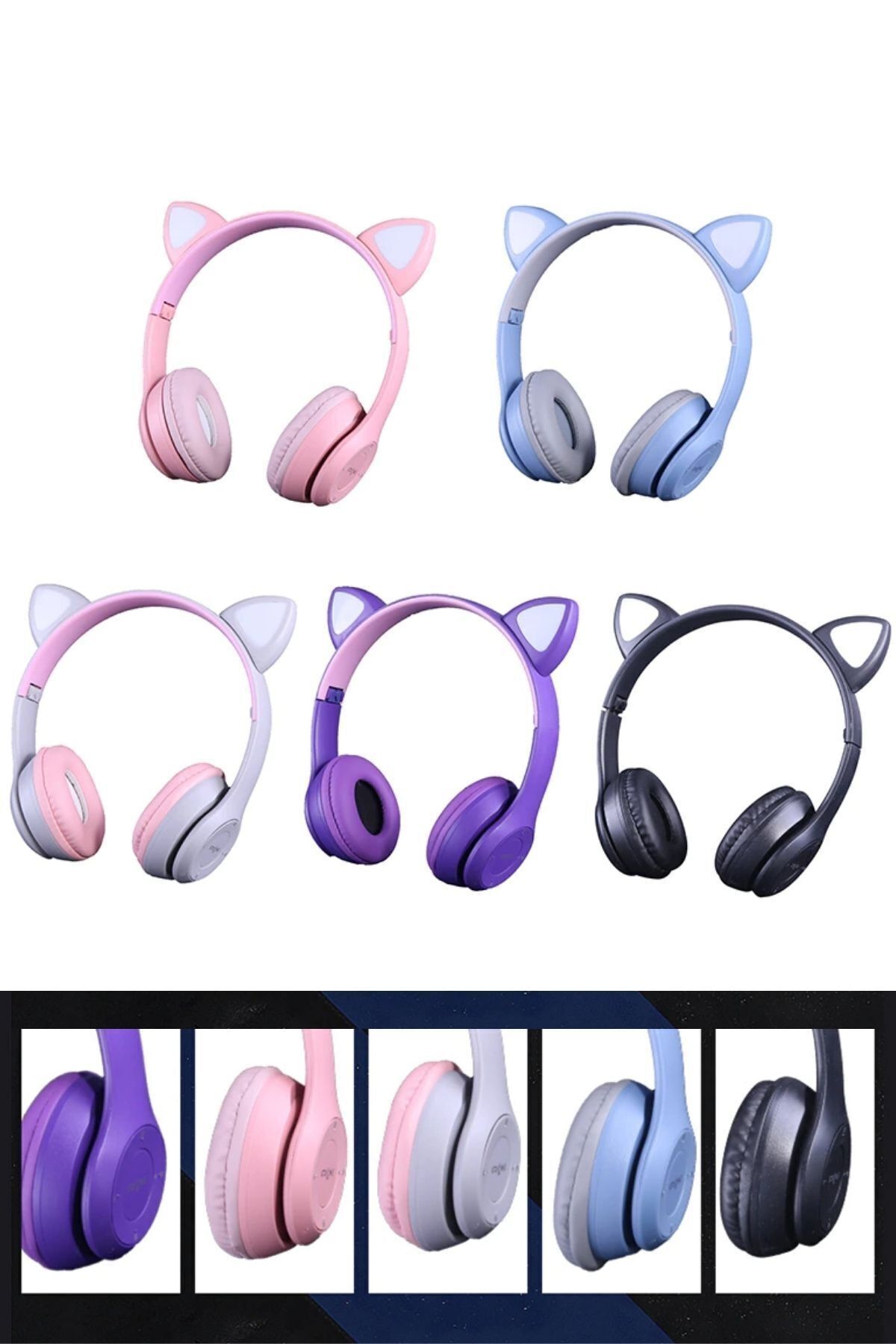 Kız Çocuklar Için Kedi Kulaklı Işıklı Mikrofonlu Kablosuz Bluetooth Kedili Çocuk Kulaklık