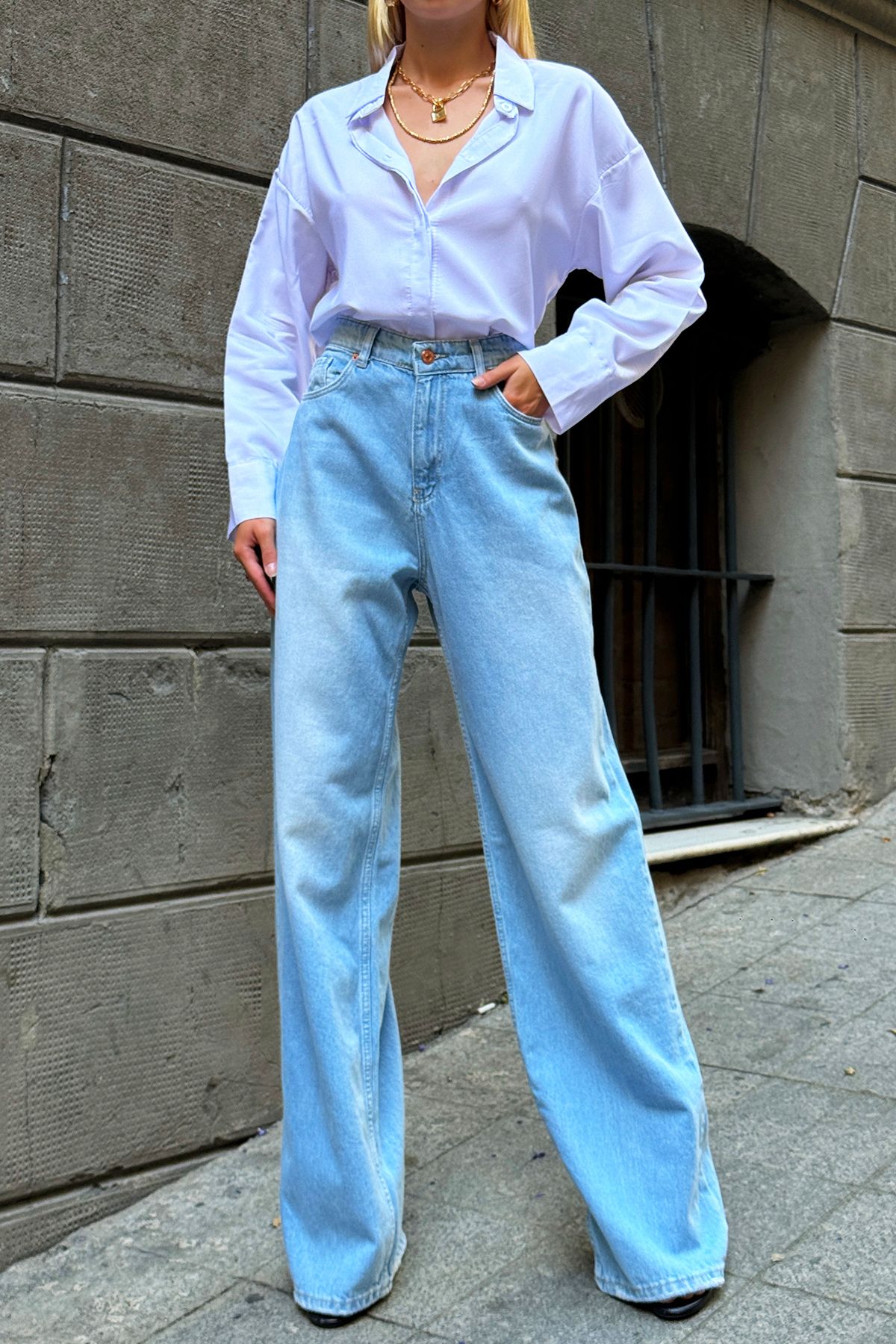 Kadın Mavi Yüksek Bel Soldurma Efektli Wide Leg Dökümlü Jean ALC-X12558