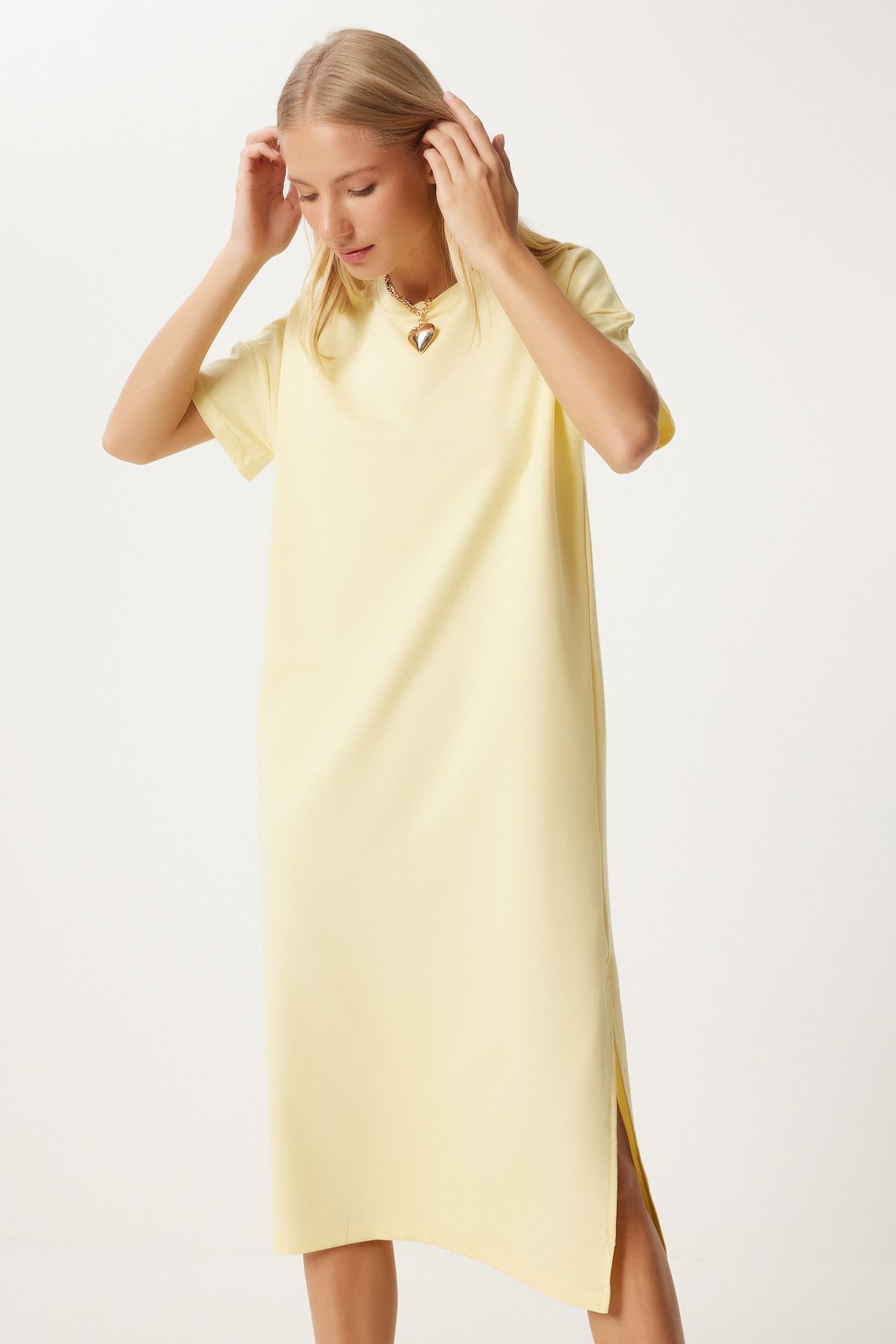 Happiness İstanbul-Gelbes Damenkleid aus gekämmter Baumwolle für den Sommer, UB00080 3