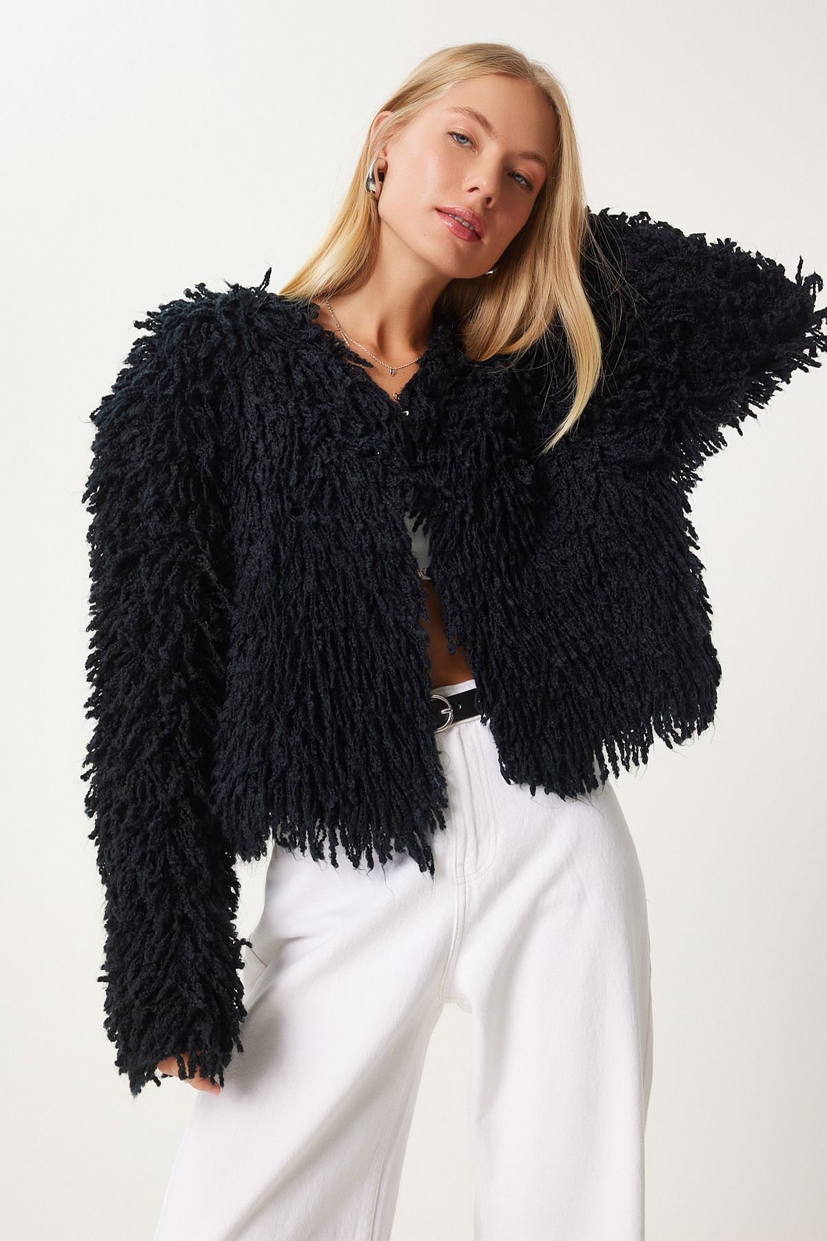 Happiness stanbul Black Knitwear Women s Jacket Fringed YY00220 Trendyol
