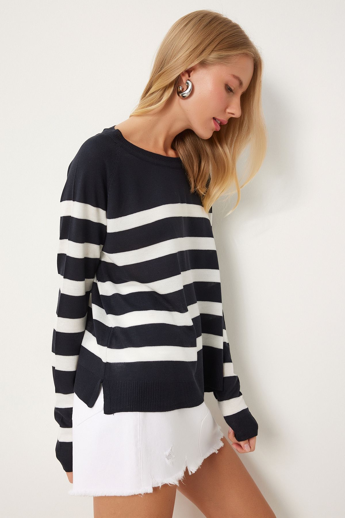 Happiness İstanbul-Navy Blue Striped Comfortable Women's Knitwear Blouse - Fn03306 3