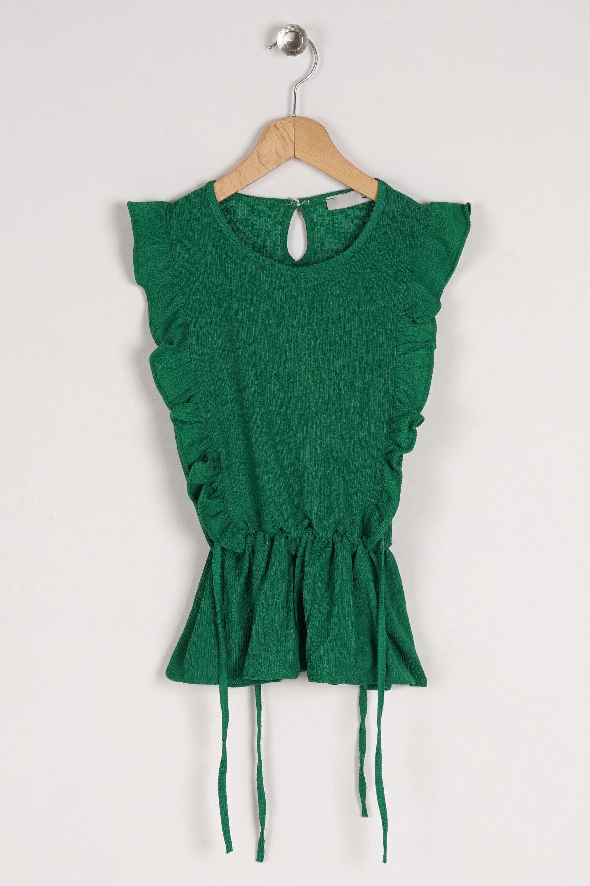 Crew Neck Ruffle Sleeve Frilly Waist Elastic Detailed Dark Green Color Girls Blouse