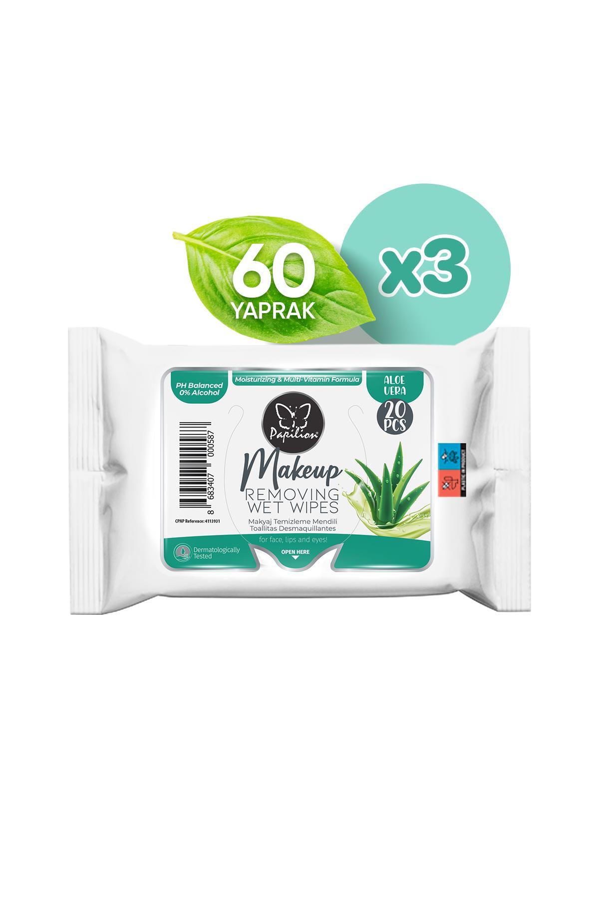Papilion Aloe vera Özlü ph dengeli Nemlendirici Makyaj Temizleme Mendili x3 60 Yaprak