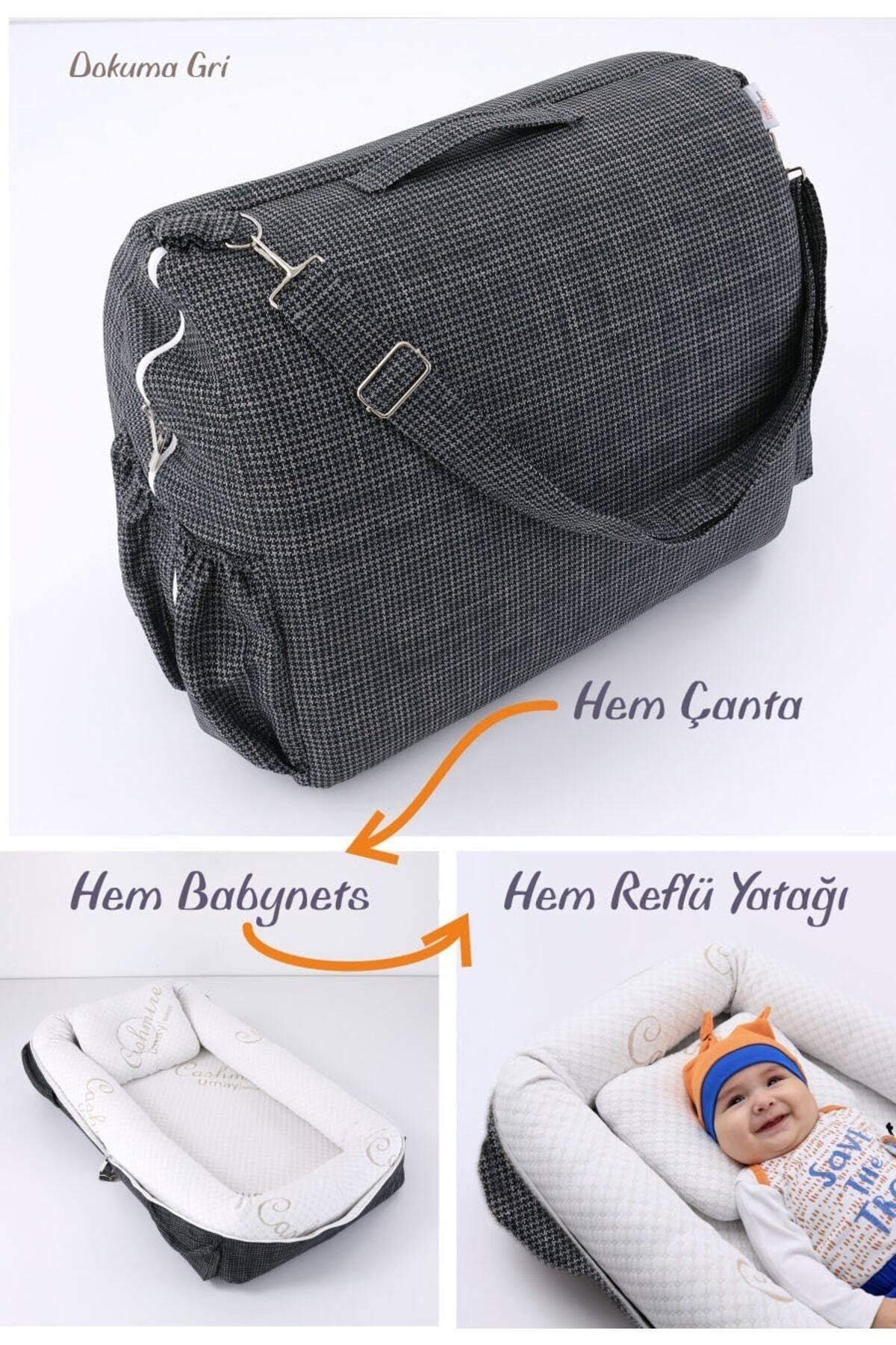 Umaybebek Çantalı Taşınabilir Orijinal Reflü Yatağı, Yastığı, Babynest, Anne Çantası - Dokuma Gri