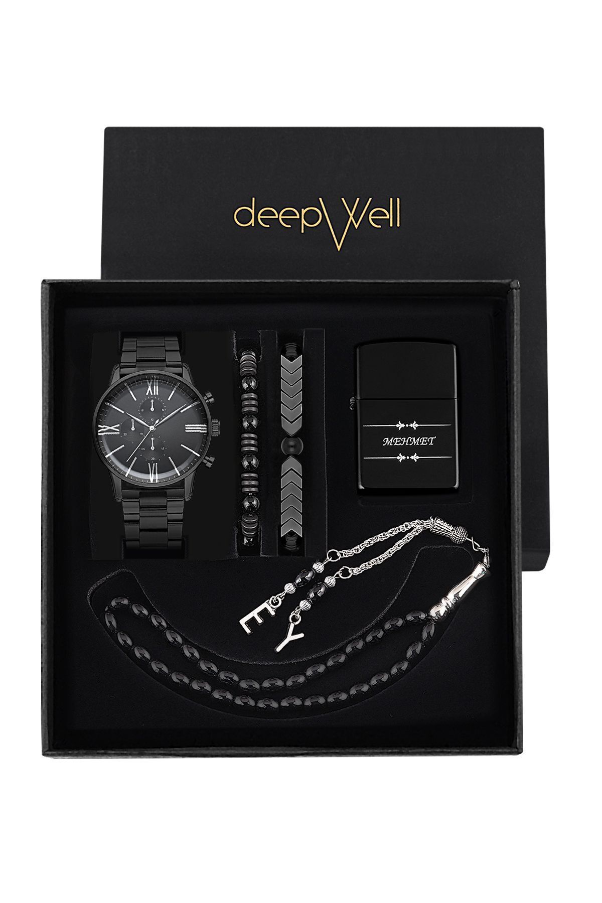 DEEPWELL Siyah Renk Erkek Kol Saati Tespih Bileklik Ve Çakmak Seti RN03
