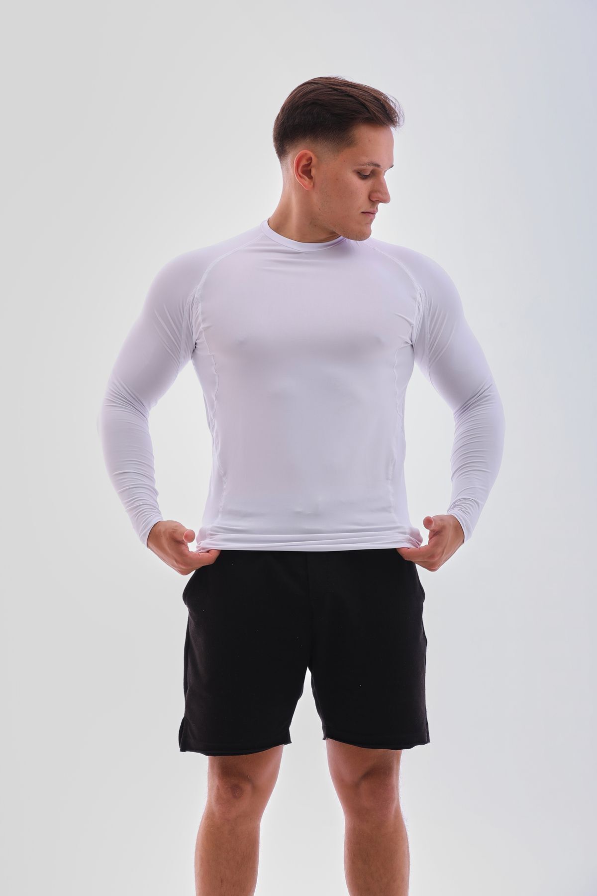 YHM Uzun Kollu Compression Body Fit Spor Tam Beden Erkek Tişört Beyaz