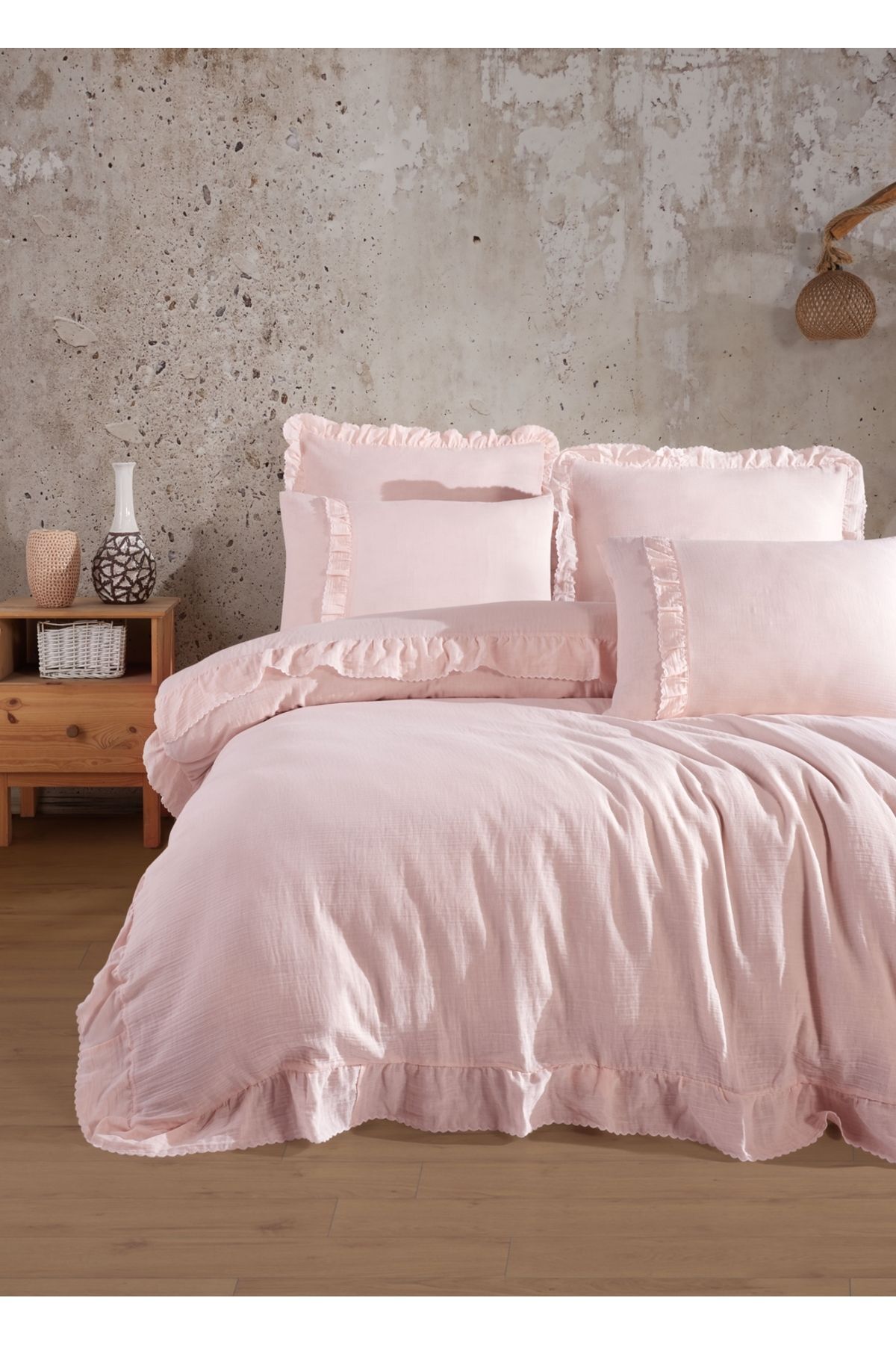 Dantela-Allegra Muslin Duvet Cover Set - Frilly, Powder 3