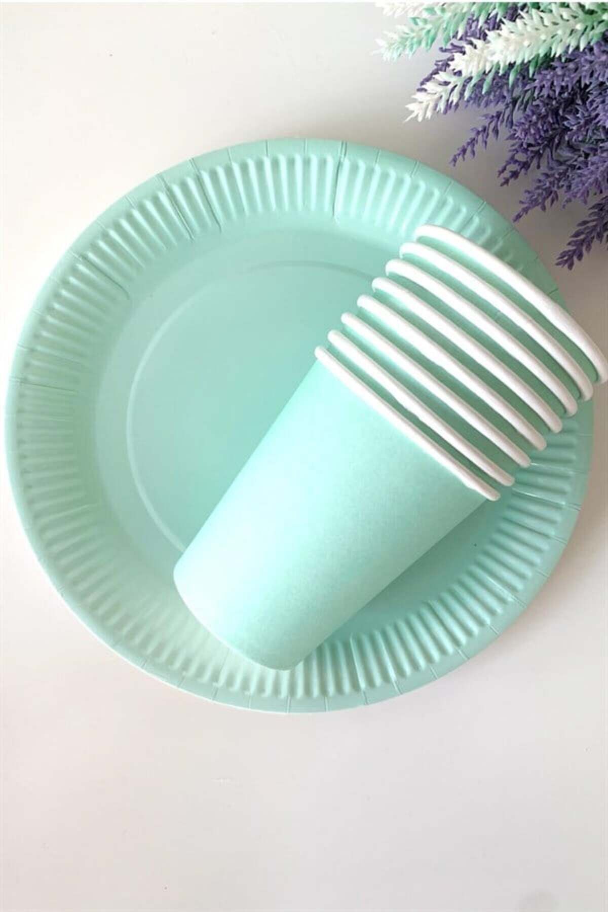 Partifabrik Yeşil Makaron Pastel Karton Tabak Bardak Set 8 Li